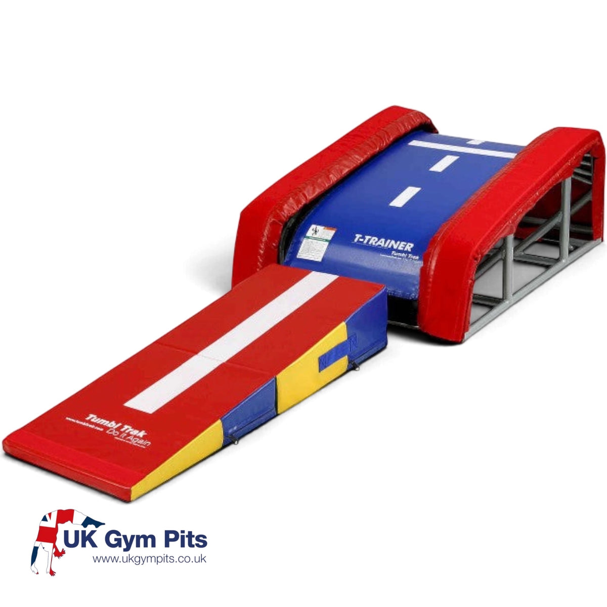 UK Gym Pits T-Trainer gymnastics vault training device with a folding mini ramp run-up mat in red, blue, and yellow.