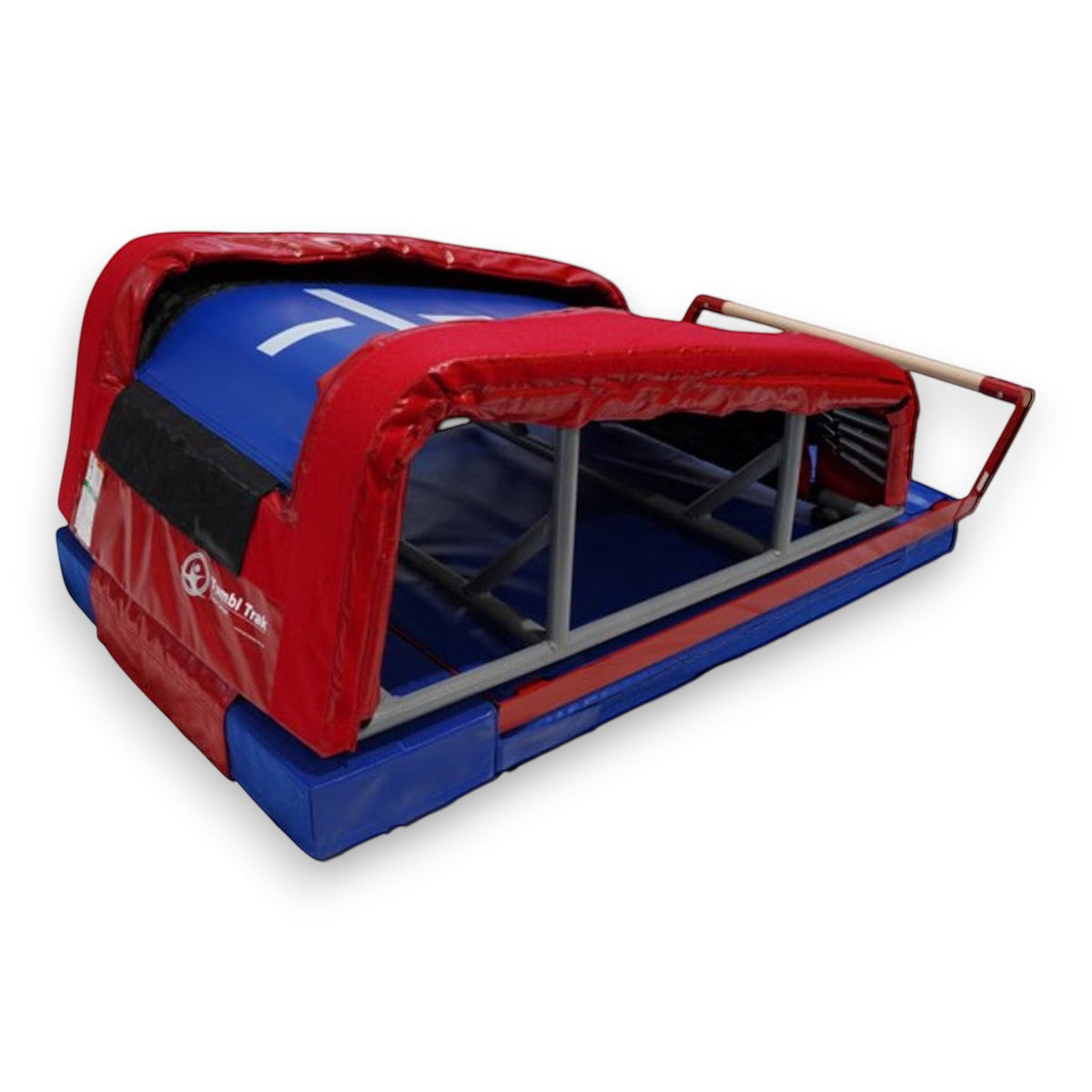 UK Gym Pits T-Trainer with Mountain Bar Base Kit featuring a red and blue foam training system with a wooden bar rail.