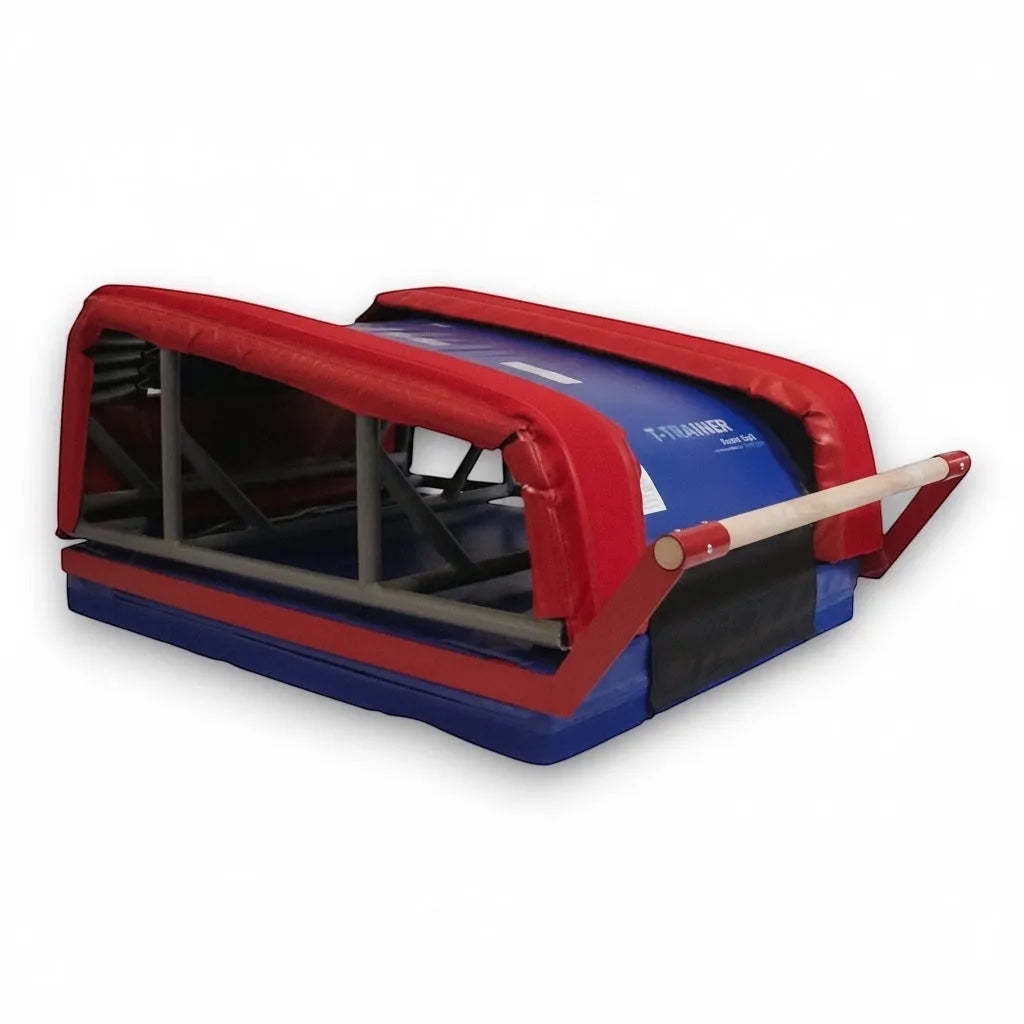 UK Gym Pits T-Trainer with mountain bar base kit featuring a beech wood rail, steel frame, and blue and red foam mat.