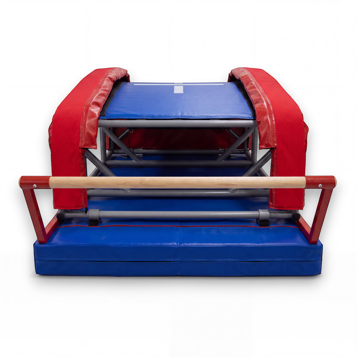 UK Gym Pits T-Trainer with Mountain Bar base kit featuring a wooden beech rail, steel frame, and blue foam matting.