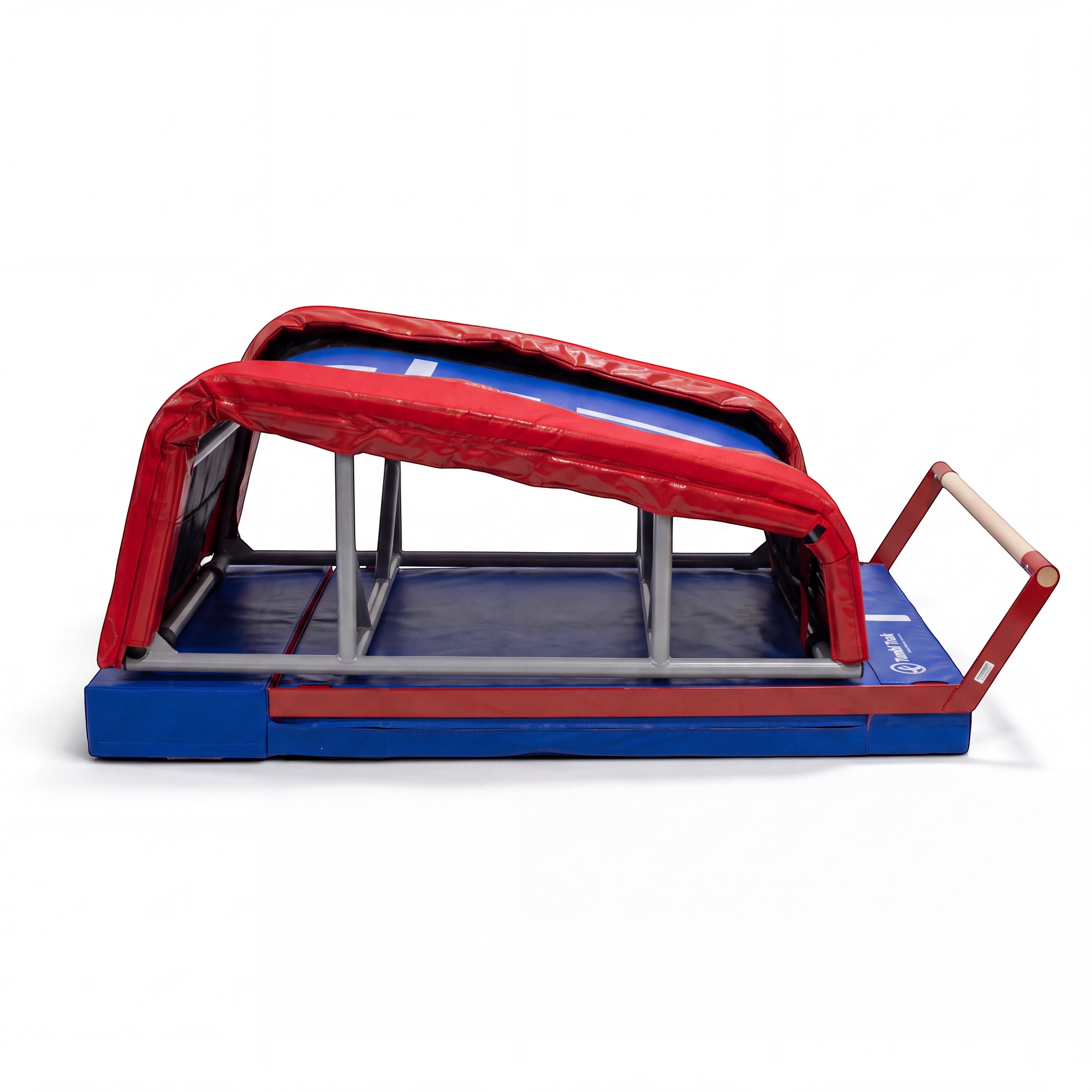 UK Gym Pits T-Trainer with mountain bar base kit featuring a red and blue foam trainer and wooden beech bar rail.