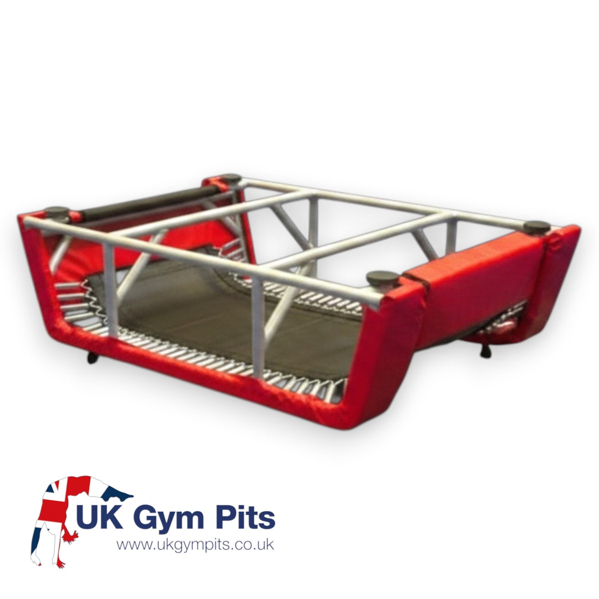 UK Gym Pits T-Trainer replacement bed and frame components featuring a black jumping surface and red padded edges.