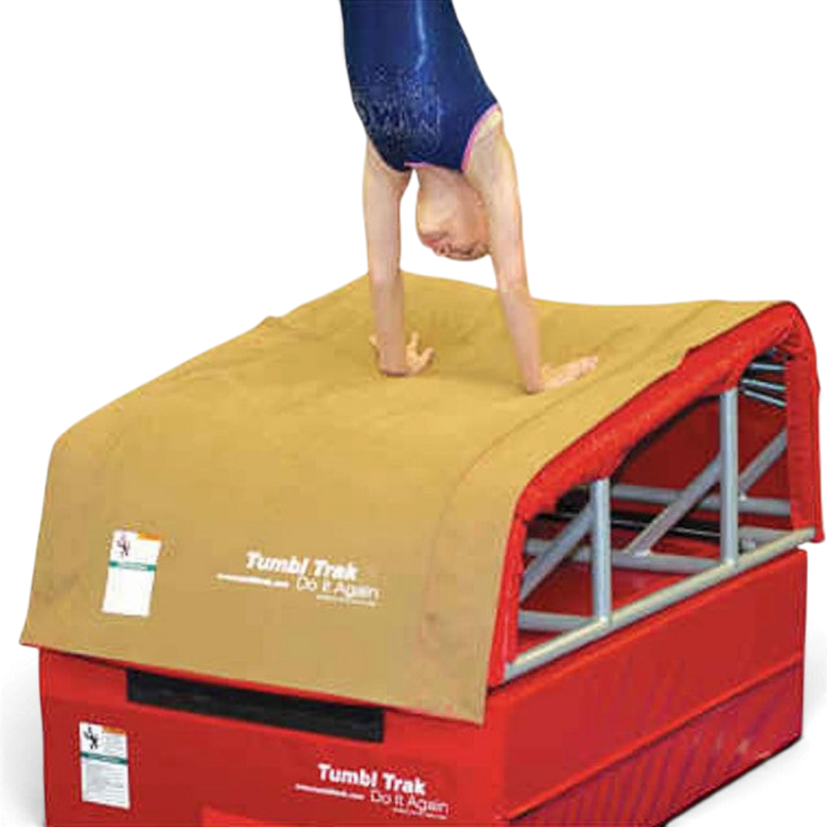 UK Gym Pits T-Trainer suede cover attached to a red vault trainer with a gymnast performing a handstand on top