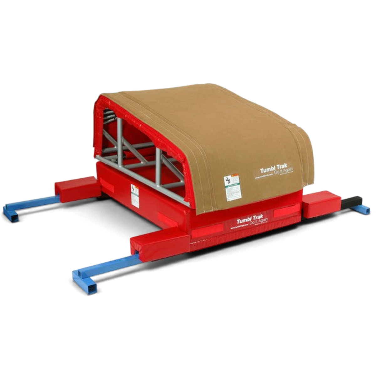 UK Gym Pits T-Trainer suede vault cover in tan, designed to attach via Velcro for gymnastics training.