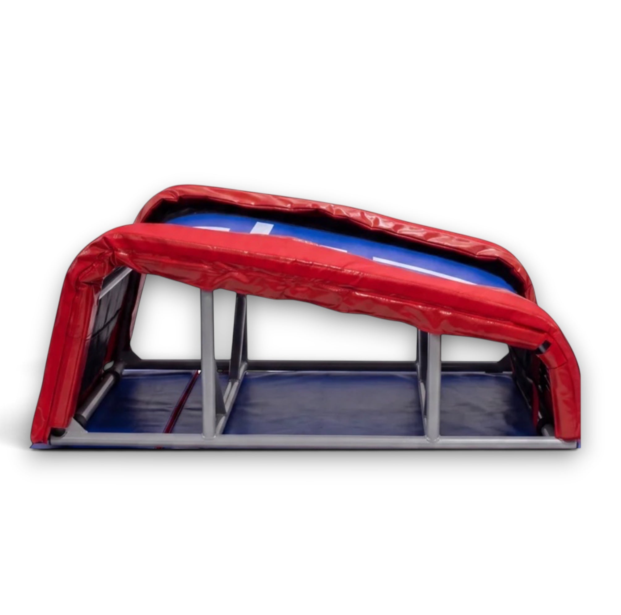 UK Gym Pits T-Trainer gymnastics vault training aid with a red frame and blue Xtreme bed surface