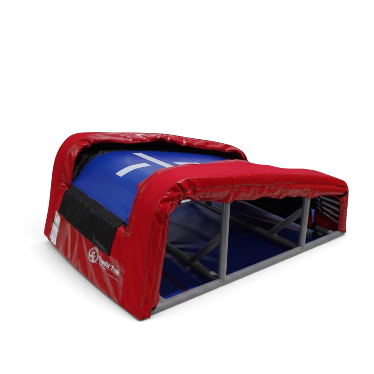 UK Gym Pits T-Trainer vault training aid with red frame and blue Xtreme bed surface for gymnastics skill practice.