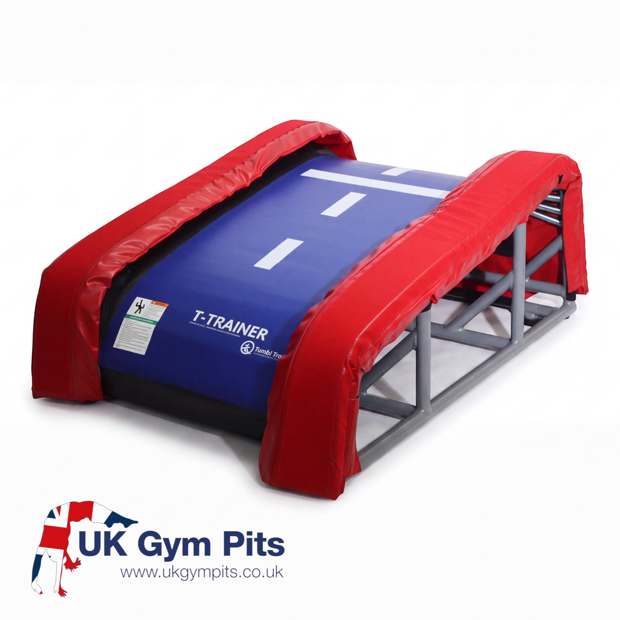 UK Gym Pits T-Trainer gymnastics vault training aid with blue Xtreme bed and red padded frame on white background