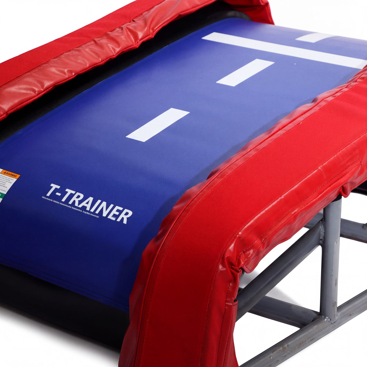 UK Gym Pits T-Trainer gymnastics vault training aid with blue Xtreme bed and red protective padding