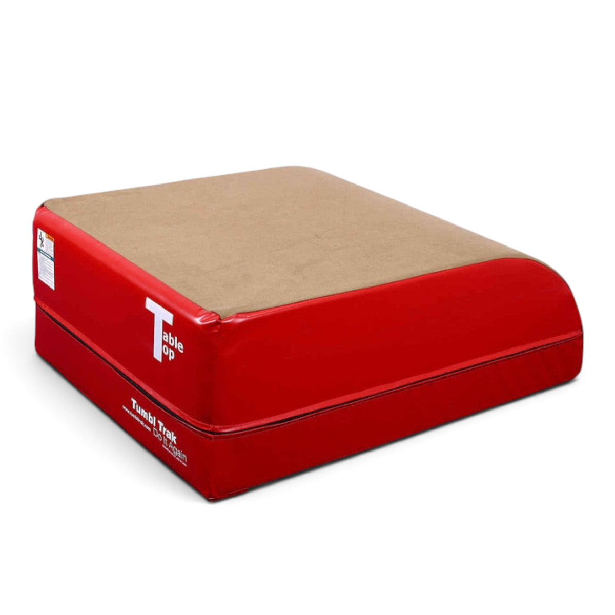 UK Gym Pits red and tan synthetic suede table top vault block for gymnastics training with durable vinyl sides