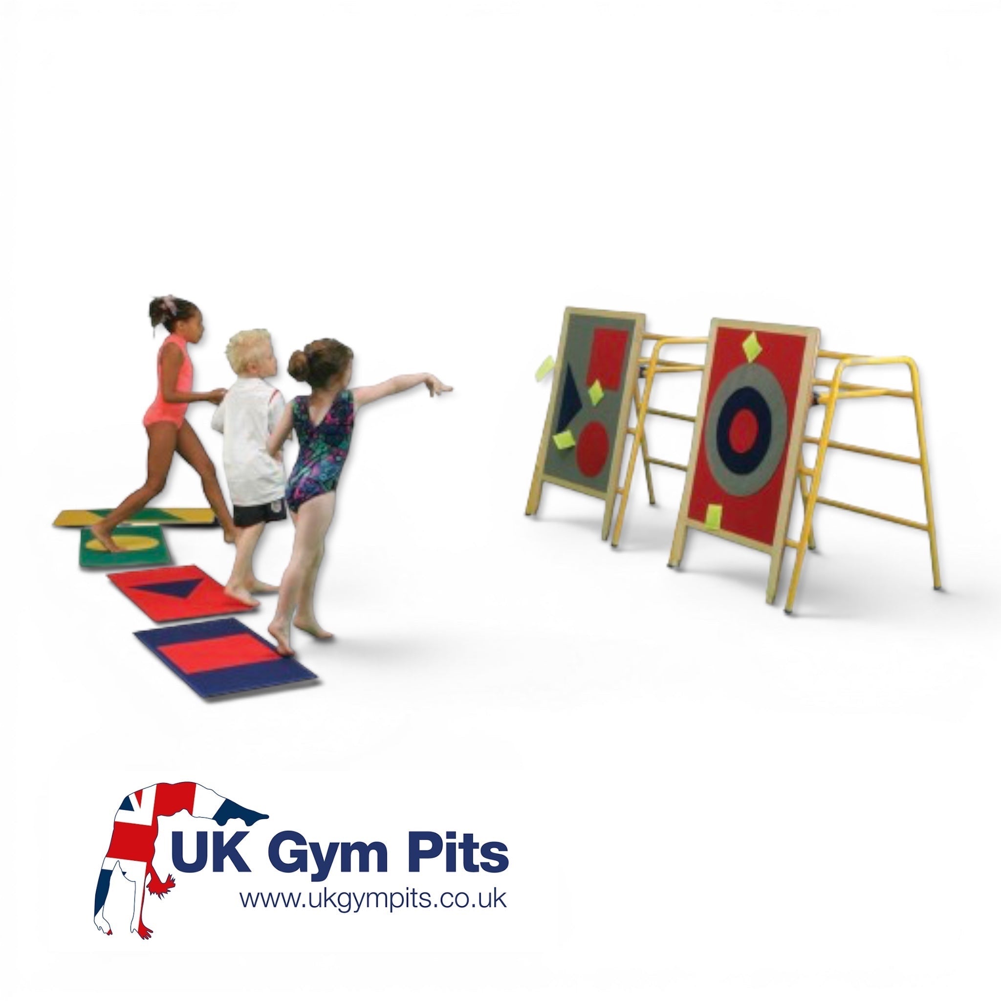 UK Gym Pits target boards with bean bags for children, featuring hook and loop surfaces for gym skill development.