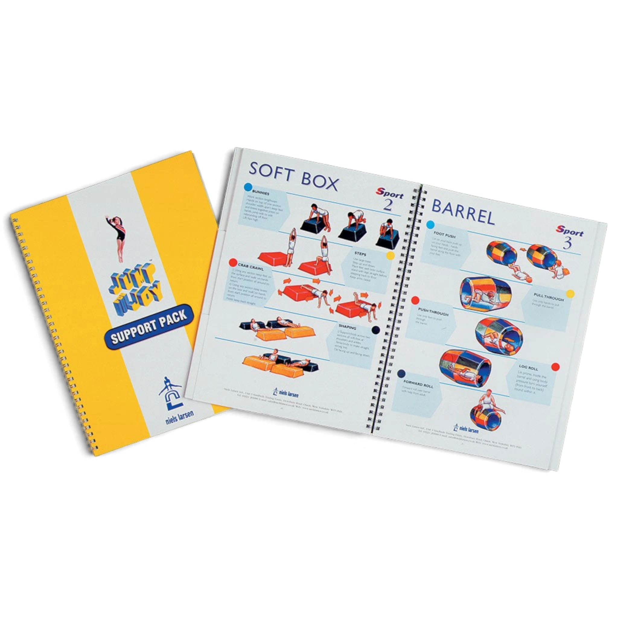 UK Gym Pits Jump for Joy Frolic teaching support pack open to show illustrated soft play exercise instructions
