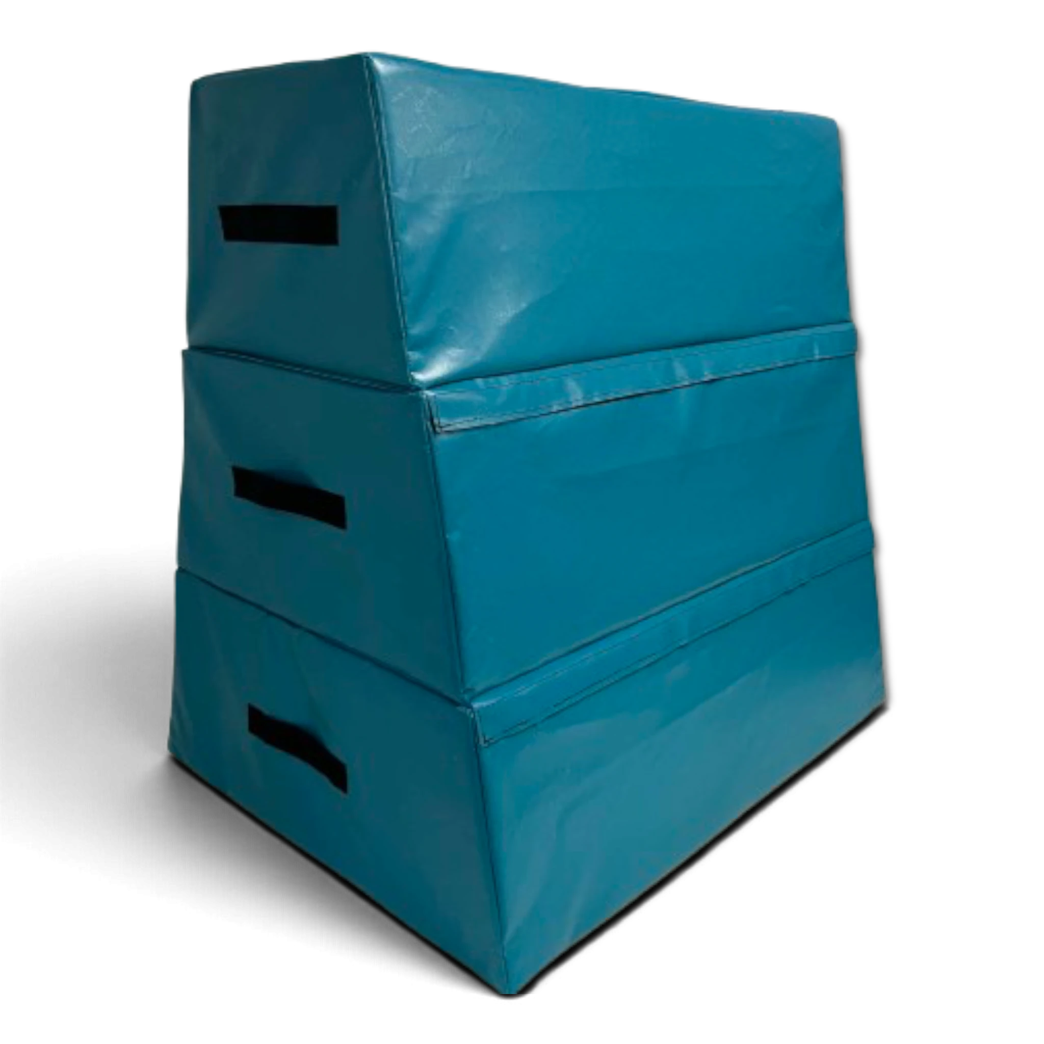 UK Gym Pits 3 tiered foam vault box in teal vinyl for gymnastics training with carrying handles and velcro flaps