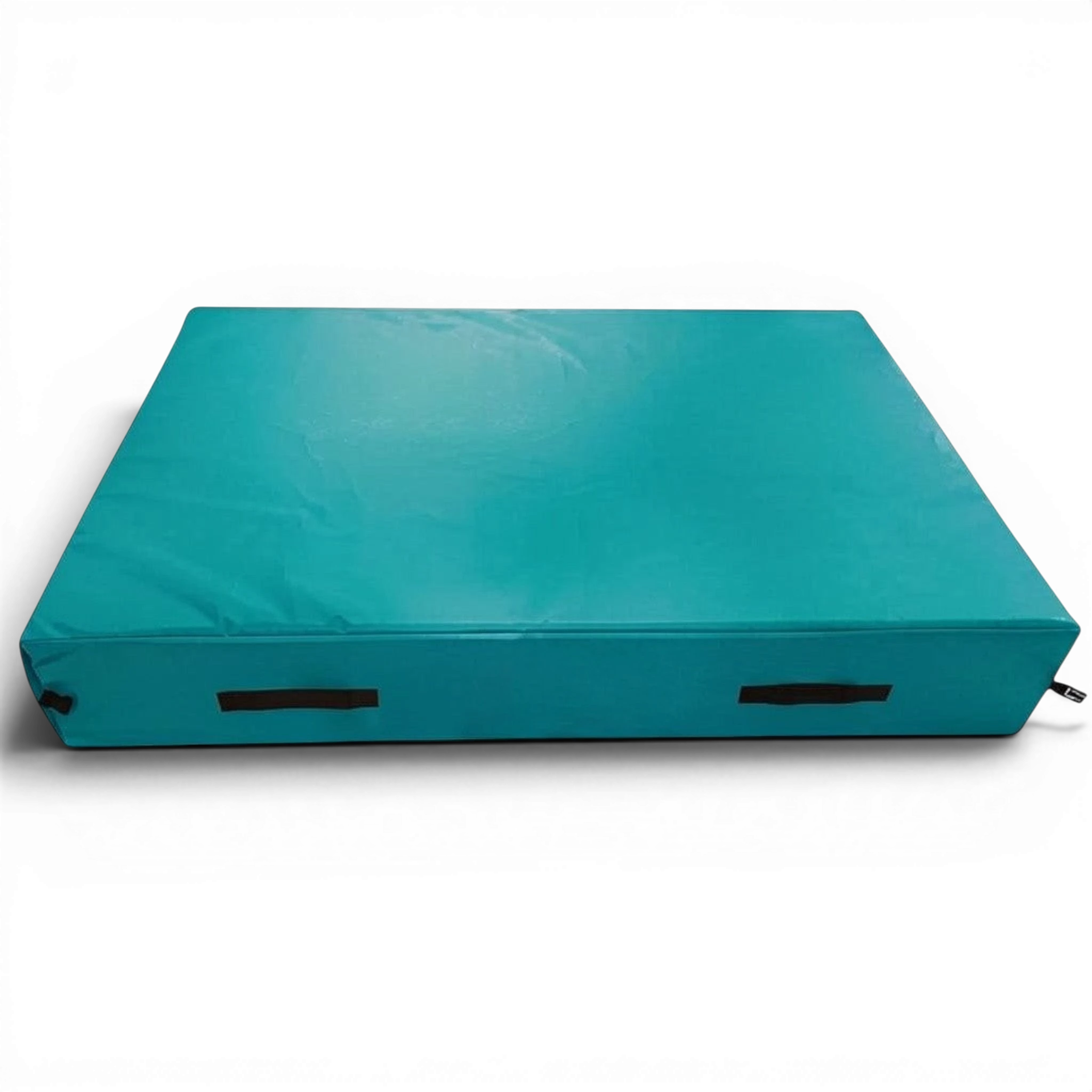 UK Gym Pits teal trampoline safety crash mat with reinforced handles for gymnastics training and competition use.