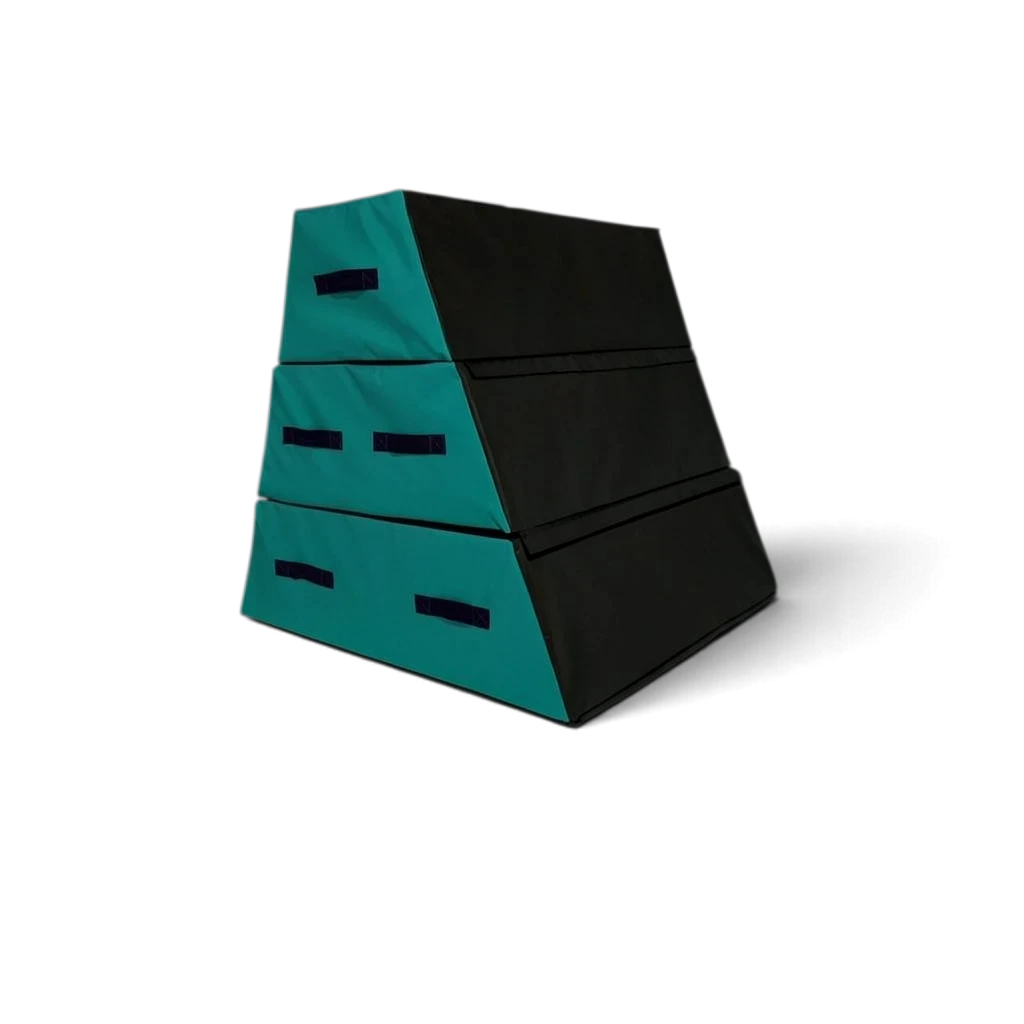 UK Gym Pits 3 section parkour vault box in black and teal with carry handles and high-density foam construction