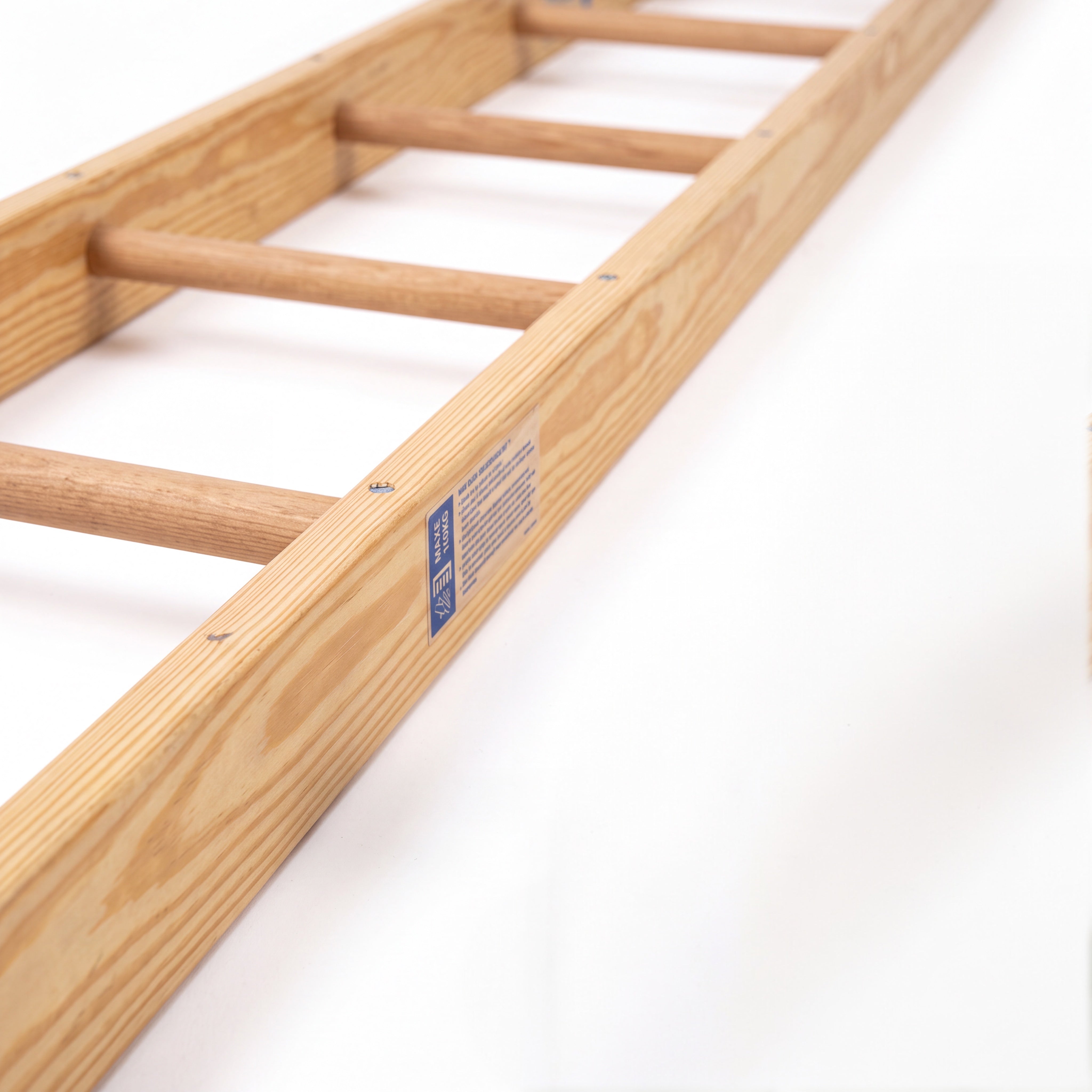 UK Gym Pits natural timber agility linking ladder with blue powder coated safety hooks for gym equipment attachment.