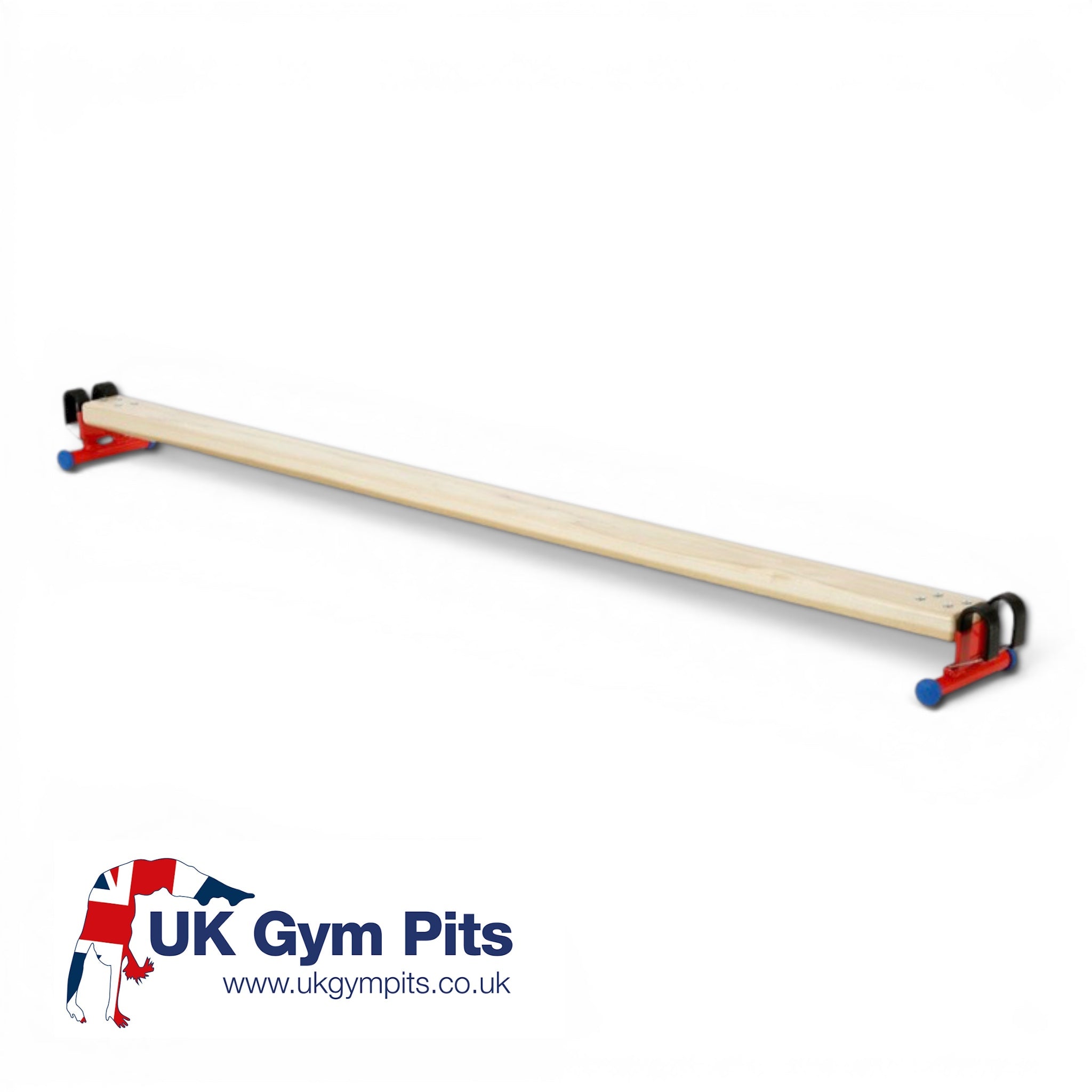 UK Gym Pits natural timber agility linking beam with red powder-coated metal feet and safety hooks on a black background