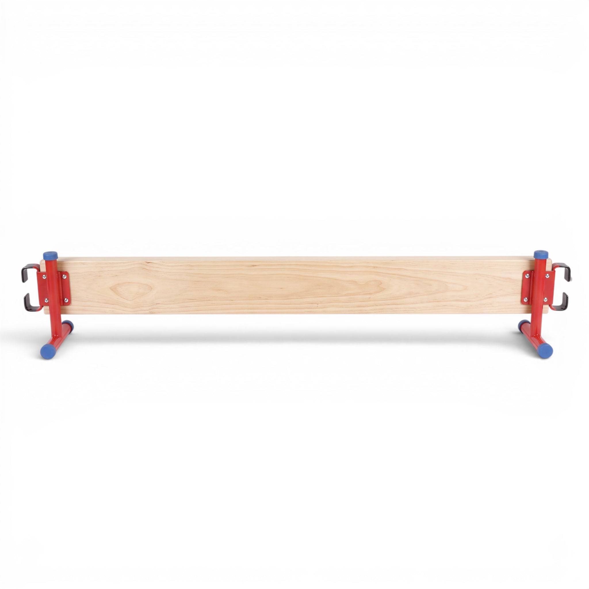 UK Gym Pits Activ Snake Balance Beam made of natural timber with red metal feet and blue anti-slip rubber ends.