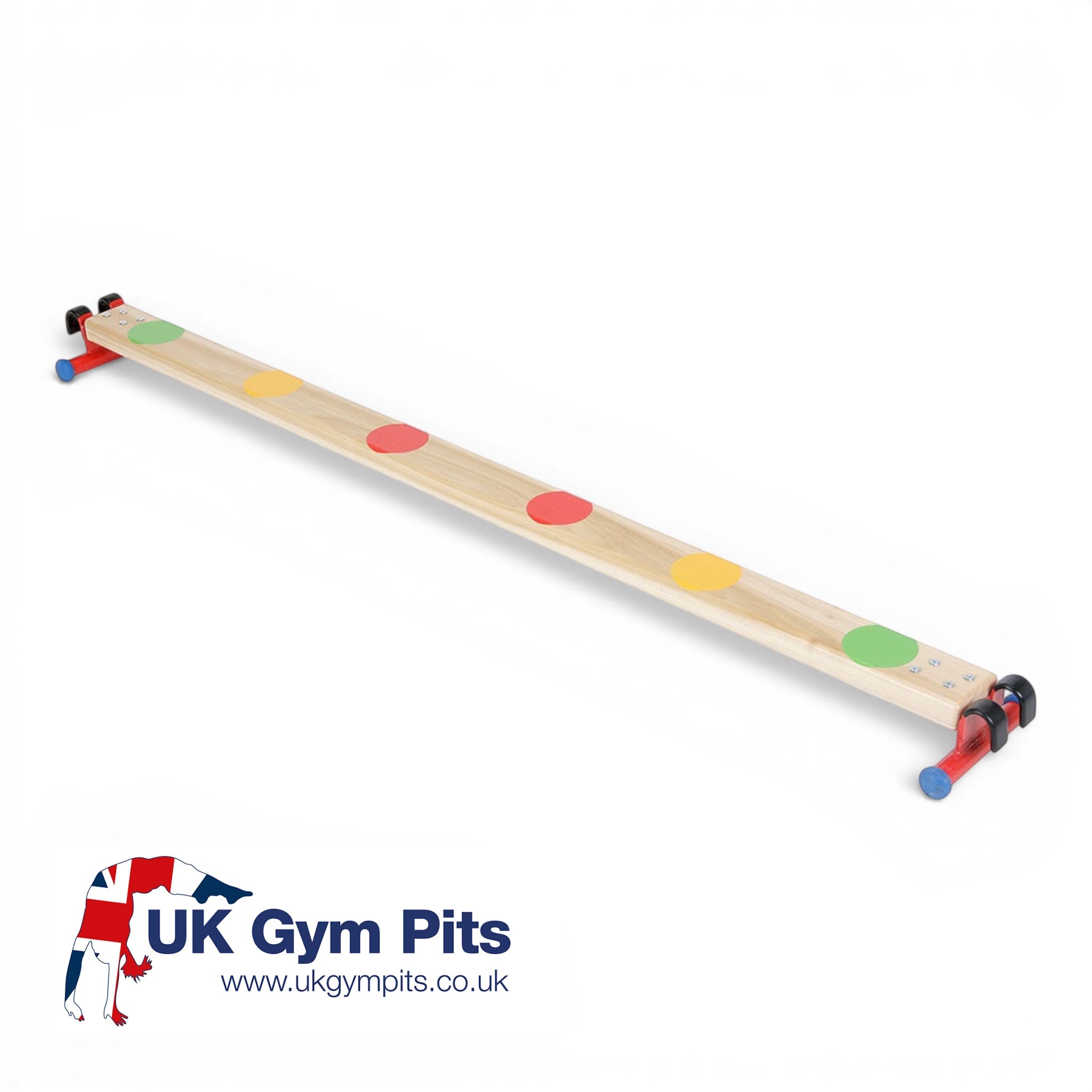 UK Gym Pits Activ Spot natural timber balance beam with multicoloured spots and stable metal feet on a white background