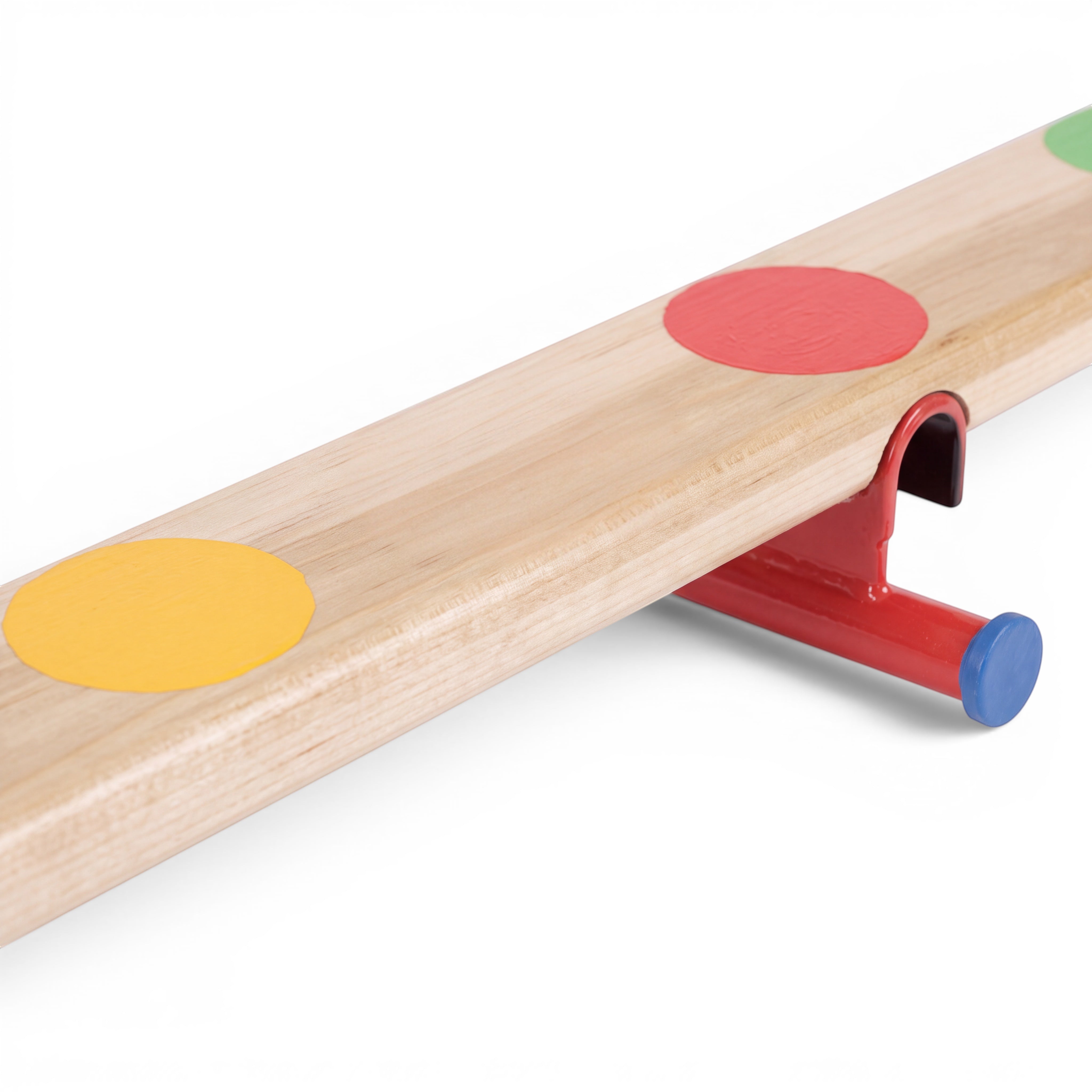UK Gym Pits Activ Spot balance beam made of natural timber with colourful spots and red metal support feet