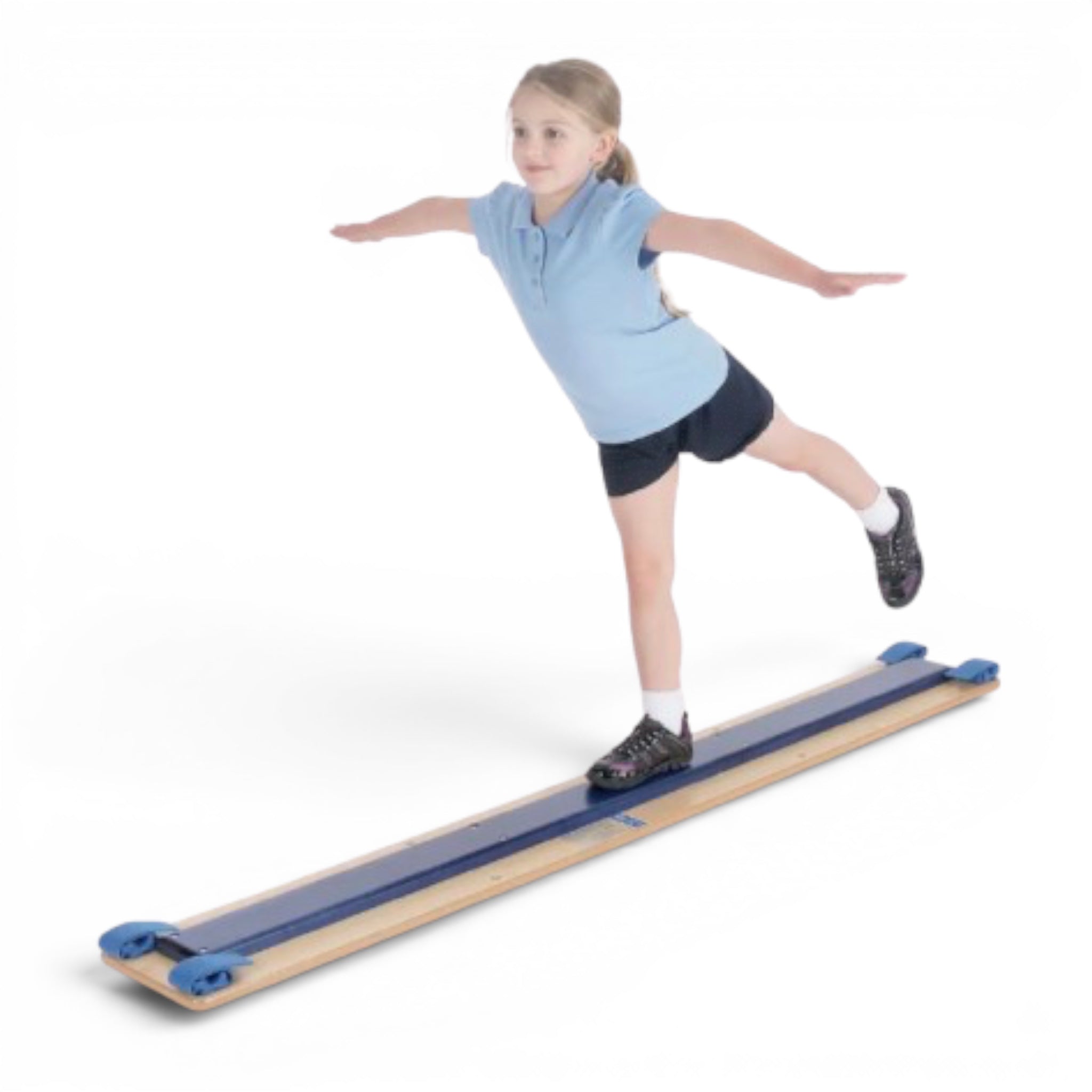 UK Gym Pits timber balance slide plank, featuring a blue top and natural wood base.