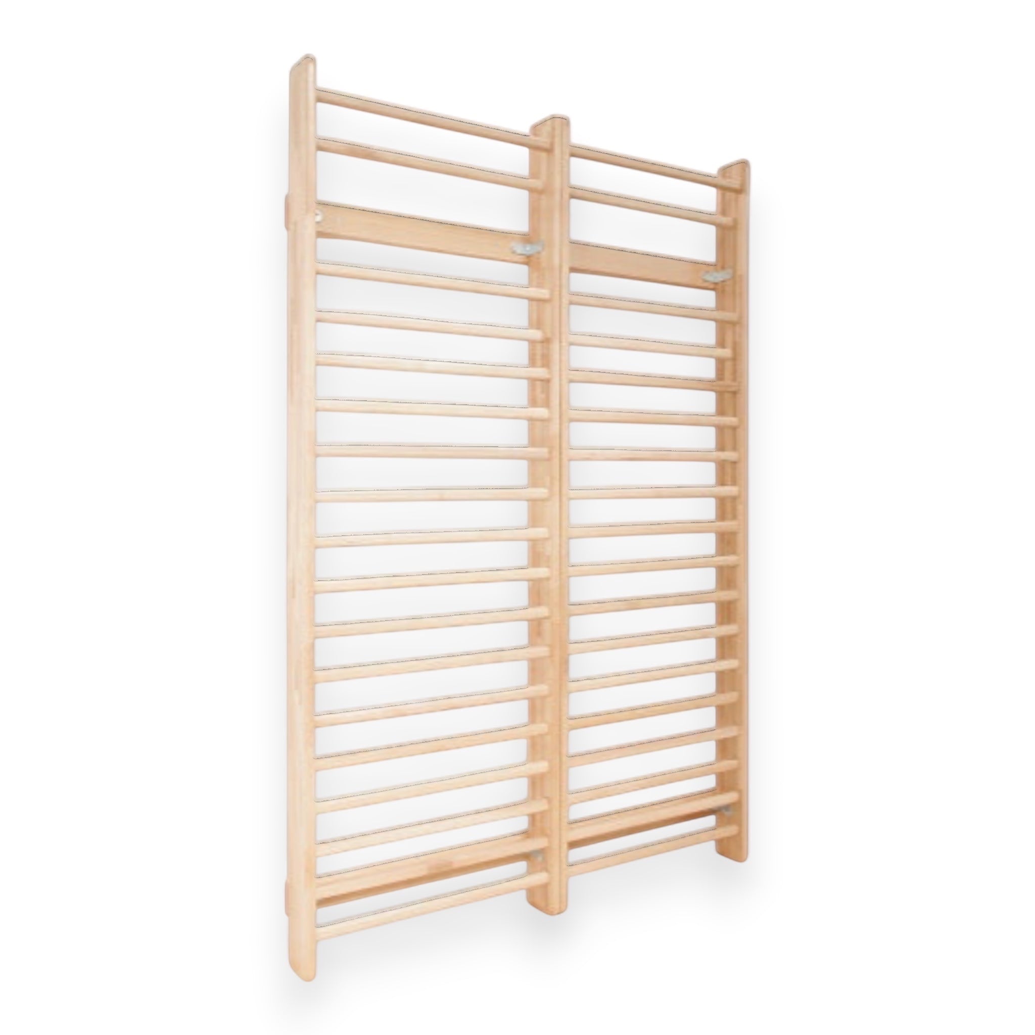 UK Gym Pits natural timber wall bars for gymnastics with clear varnish finish mounted on a white wall
