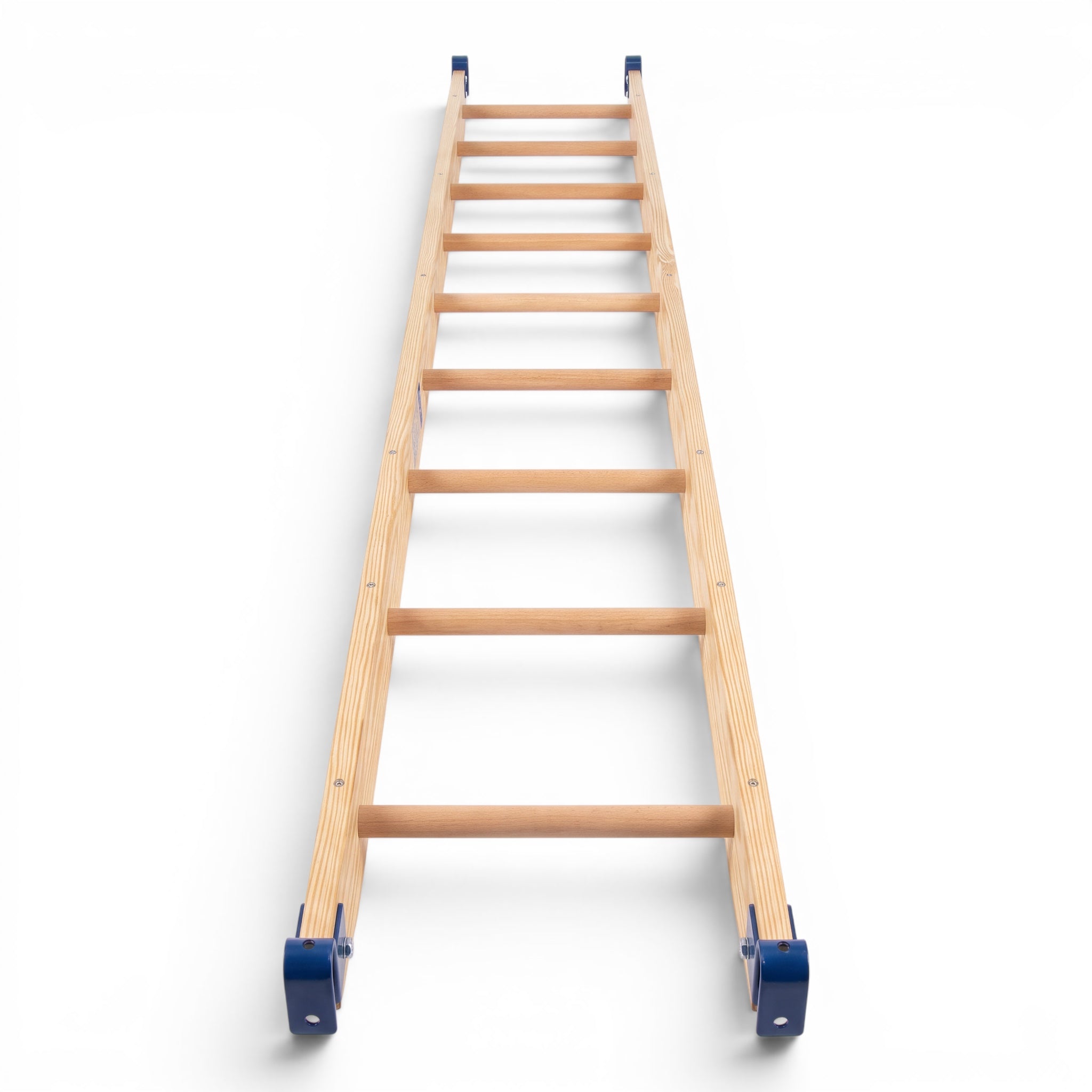 UK Gym Pits natural timber agility linking ladder with blue powder coated hooks and safety clips for gym equipment.