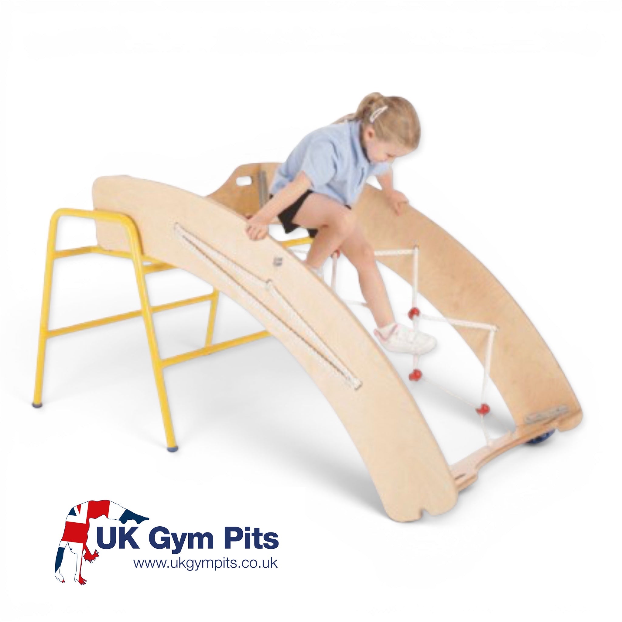 UK Gym Pits scramble net with curved timber sides and yellow metal support frame.