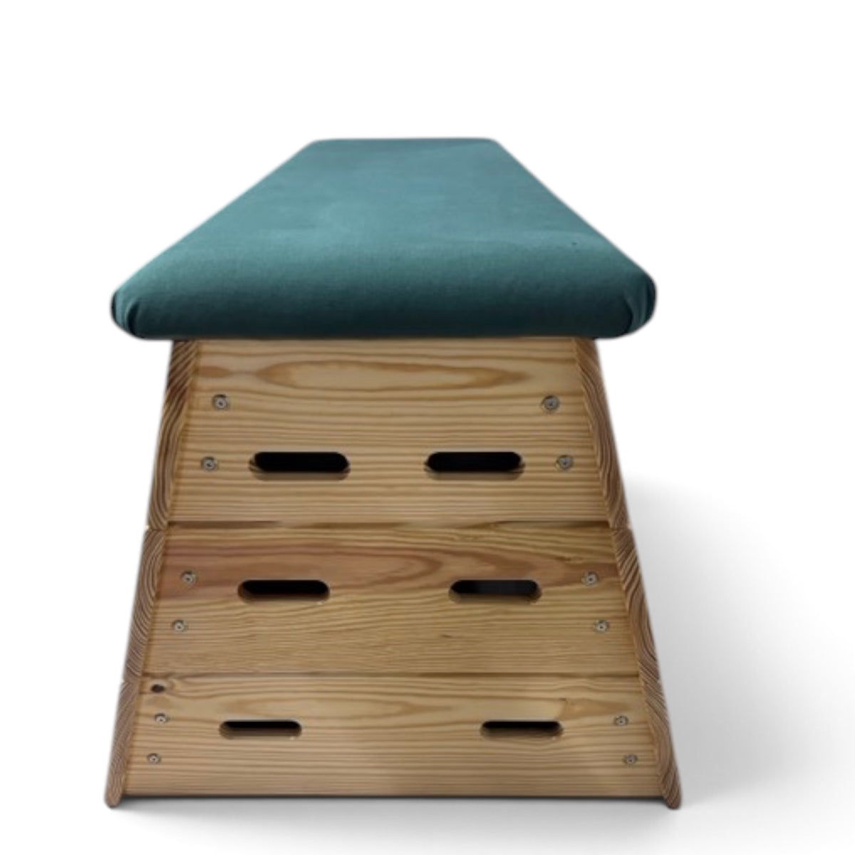 UK Gym Pits timber vault box with three stacked wooden sections and a padded green top for gymnastics training