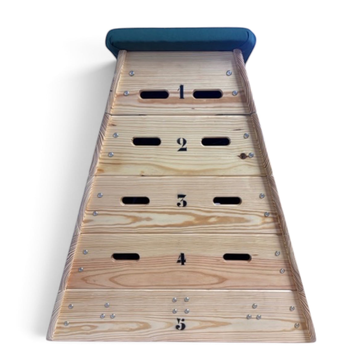 UK Gym Pits 5-tiered timber gymnastics vault box with numbered sections and a padded top for school and club use.