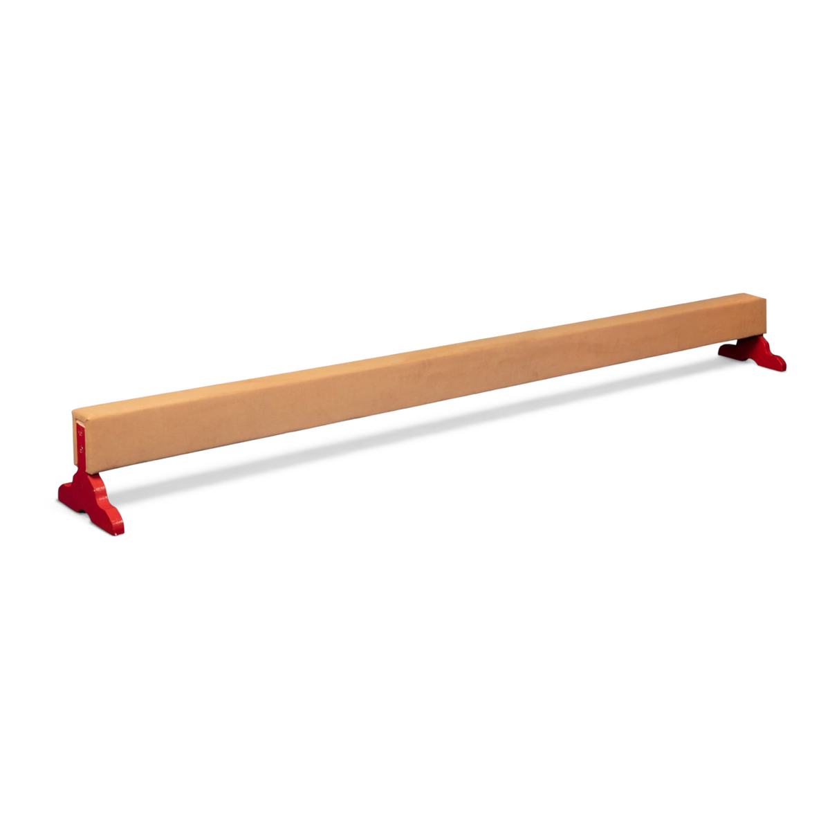 UK Gym Pits training balance beam with tan padded surface and red timber legs for gymnastics practice.