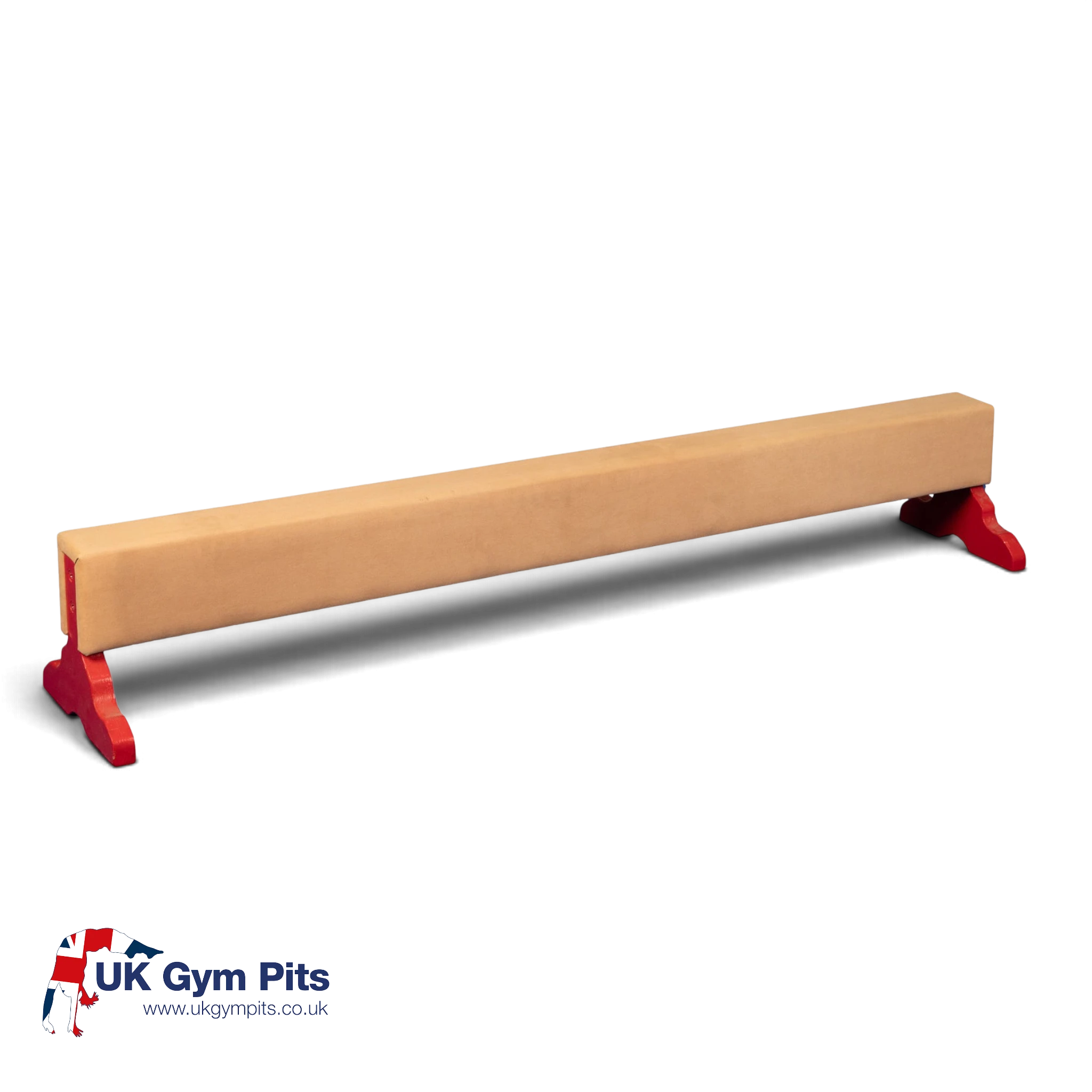 UK Gym Pits training balance beam with tan anti-slip padded surface and red timber feet on a black background