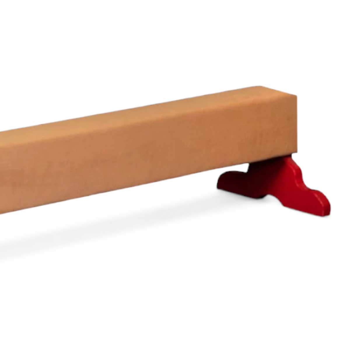UK Gym Pits low training balance beam with tan padded surface and red timber support legs for gymnastics practice