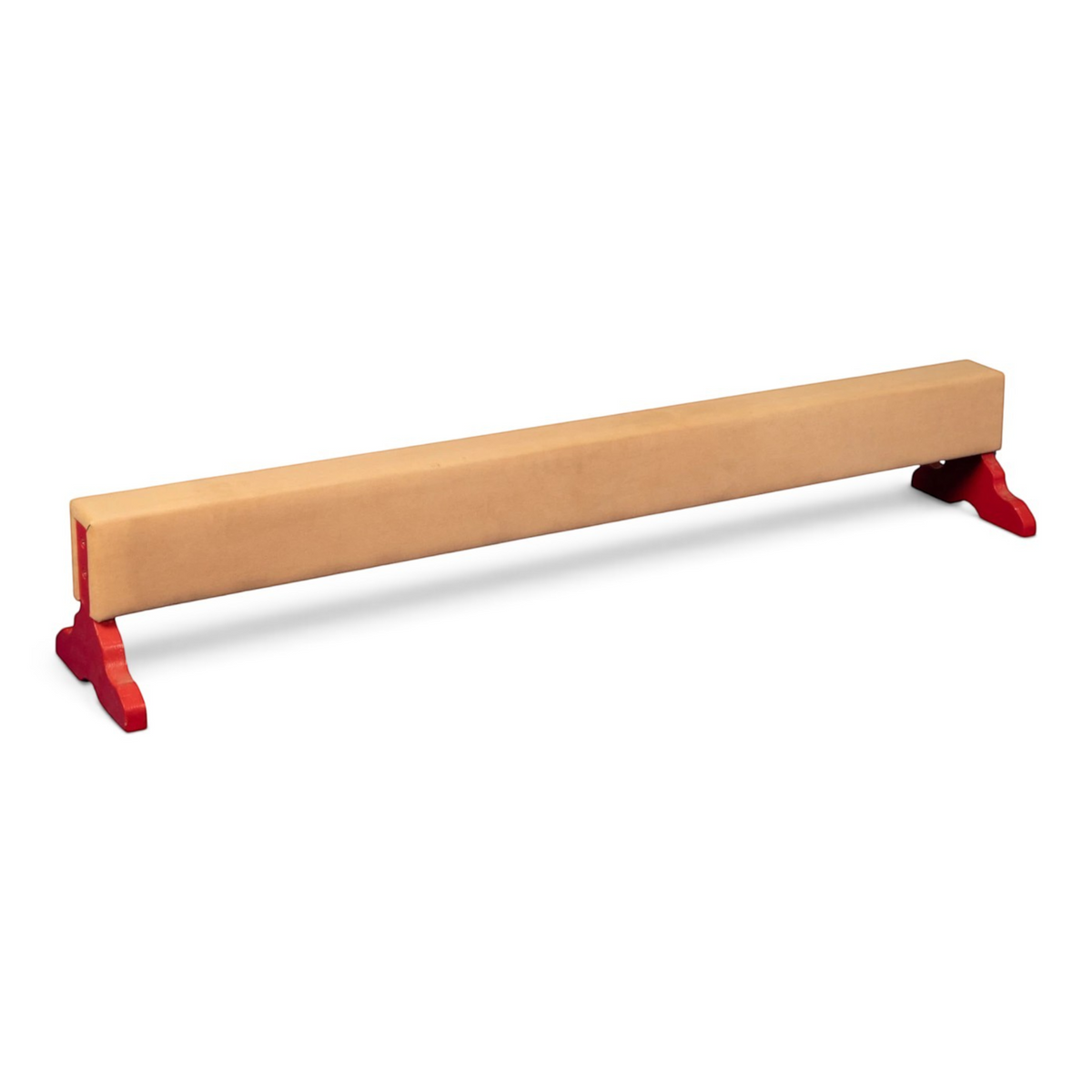 UK Gym Pits training balance beam with a tan padded anti-slip surface and sturdy red timber legs for gymnastics.