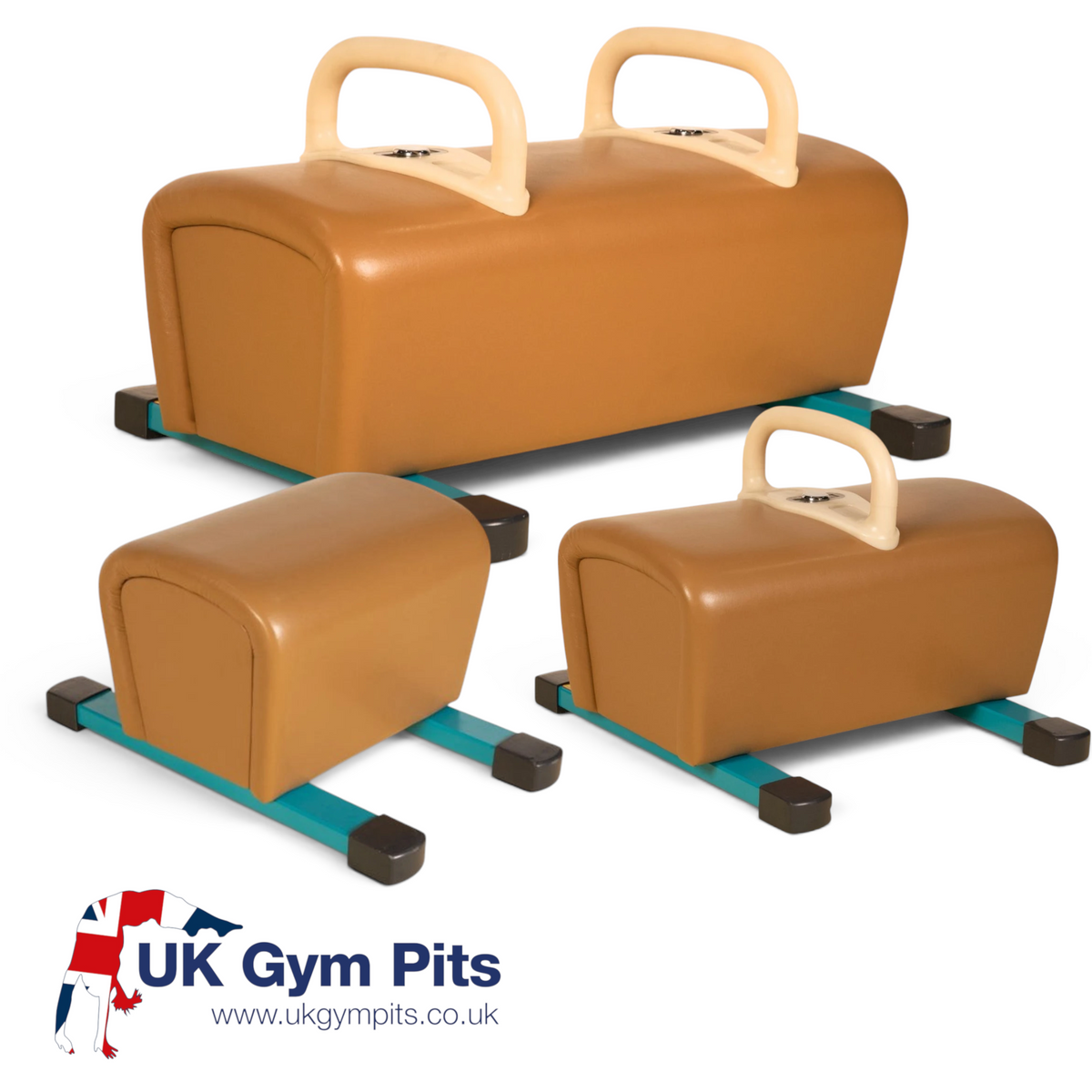 UK Gym Pits low training buck horse with one pommel, featuring a brown leatherette body and reinforced steel base.