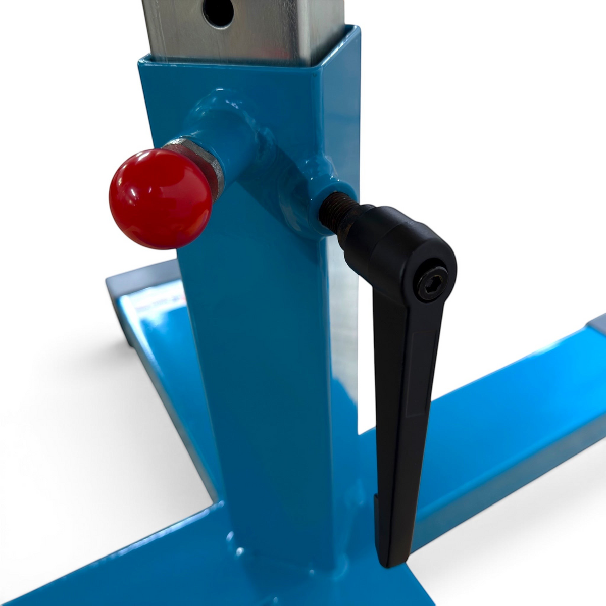 UK Gym Pits height adjustment mechanism on a blue powder coated steel training mushroom with red knob and black handle