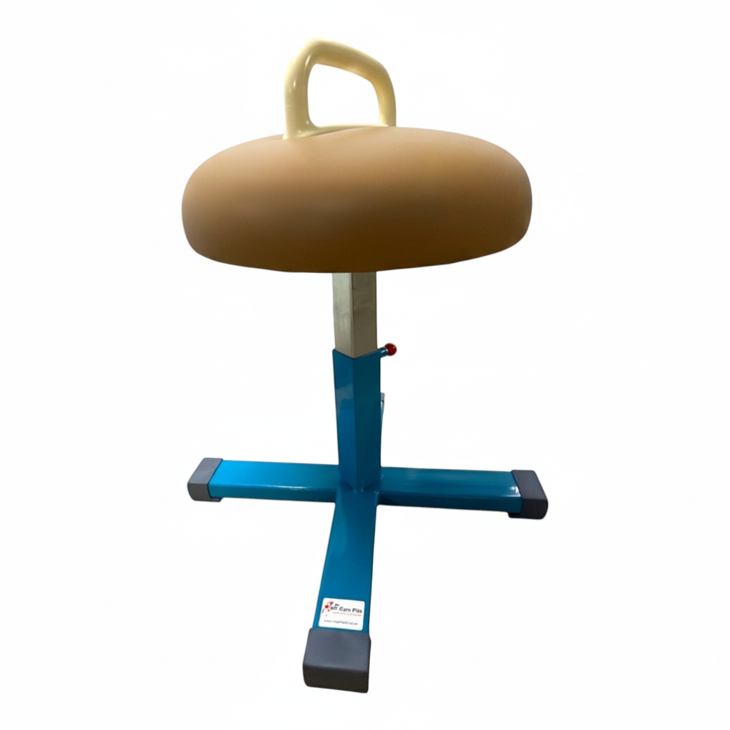 UK Gym Pits training mushroom with one pommel, tan leatherette body, and blue adjustable steel base.