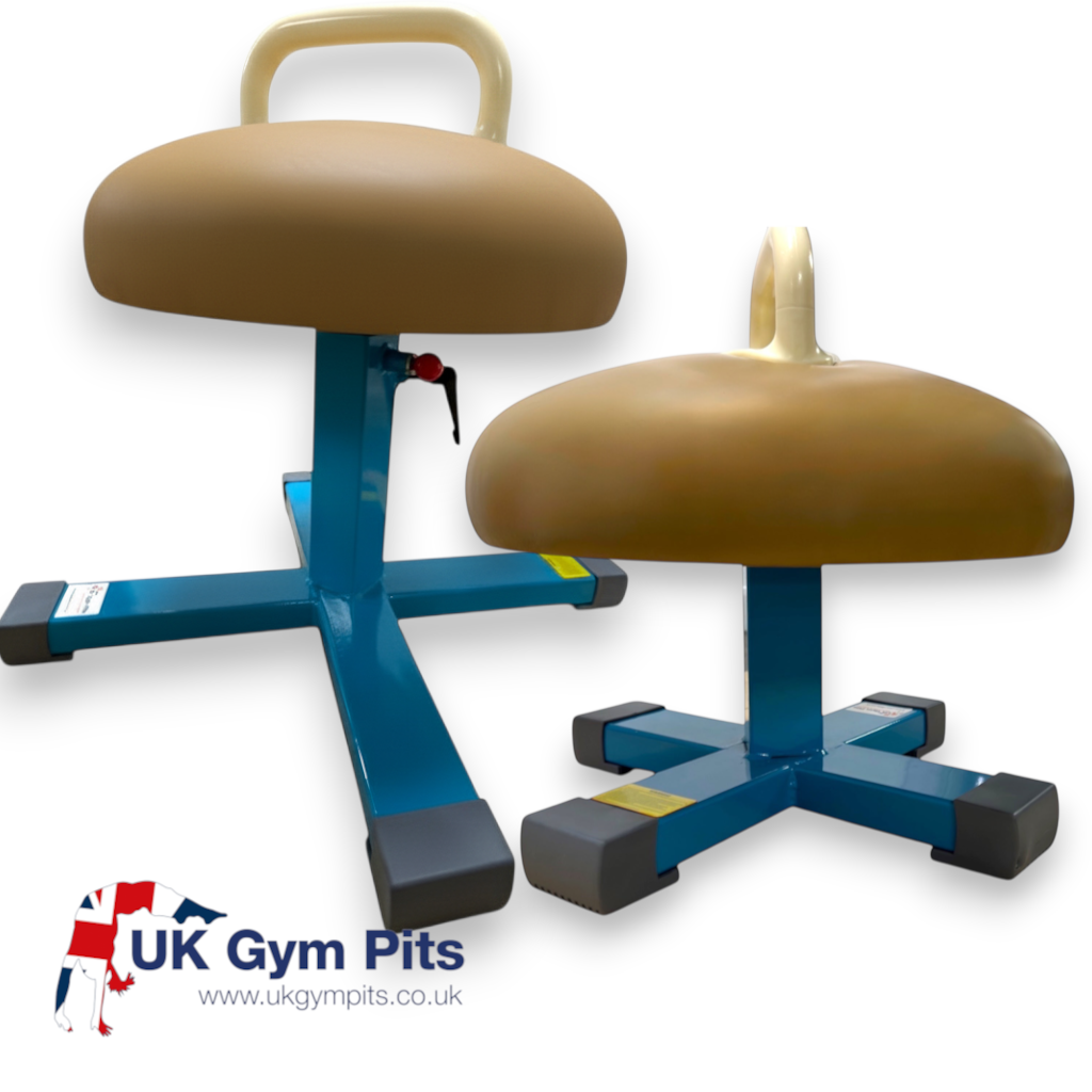 UK Gym Pits training mushroom with a tan leatherette body, single pommel, and a sturdy blue steel four-legged base.