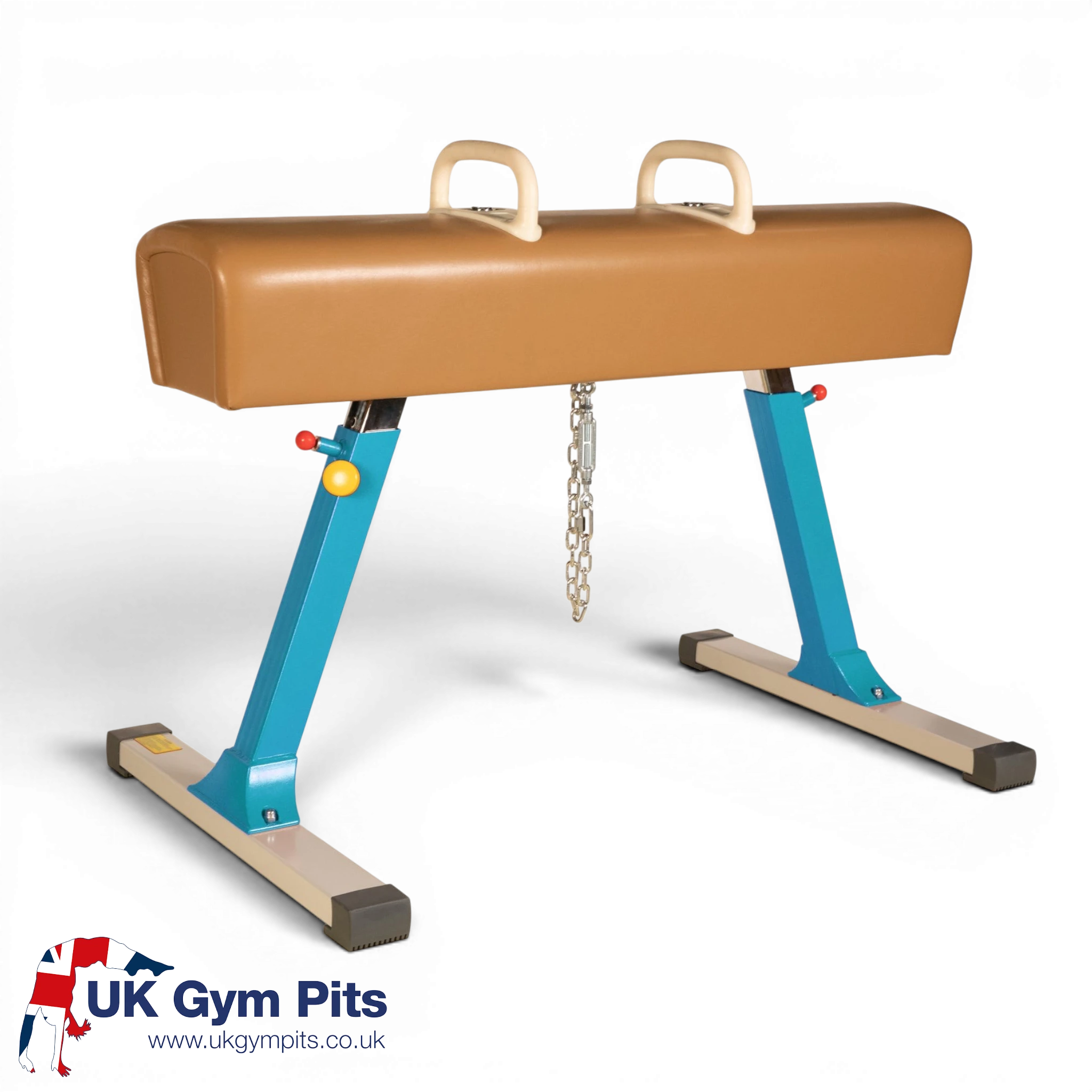 UK Gym Pits training pommel horse with tan leatherette body, blue steel legs, and adjustable wooden pommels.