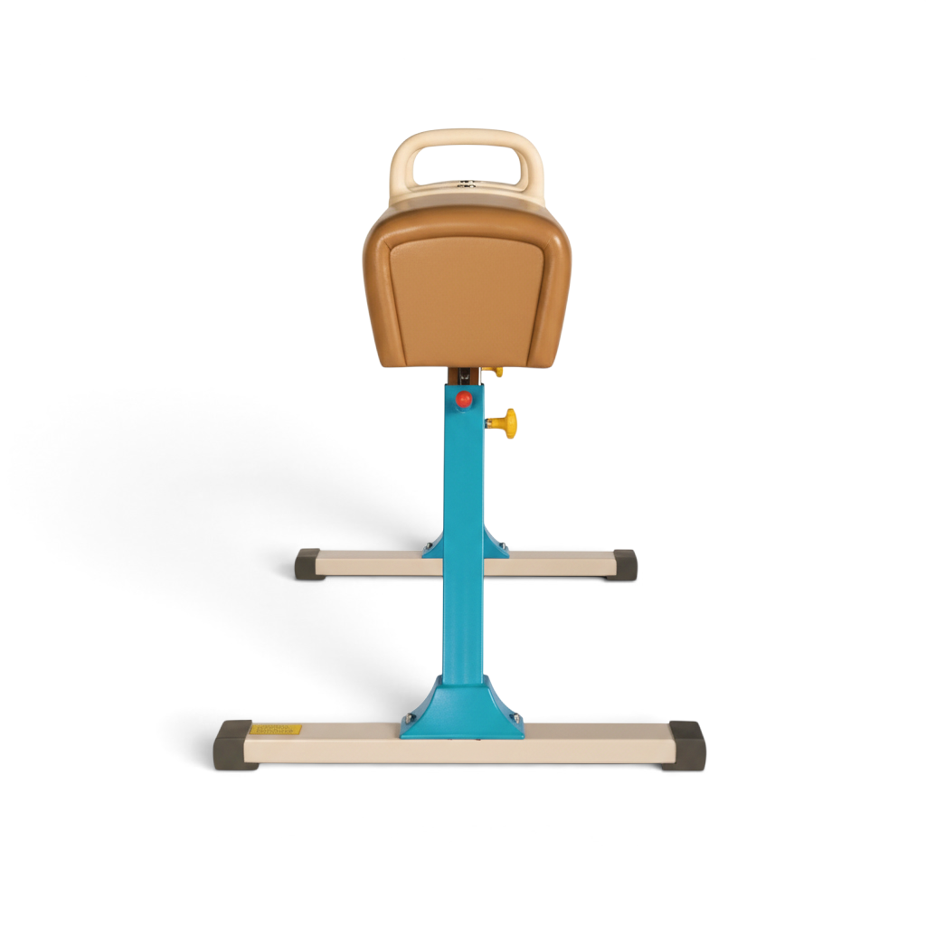 UK Gym Pits training pommel horse with tan leatherette body, blue steel frame, and adjustable wooden pommels.