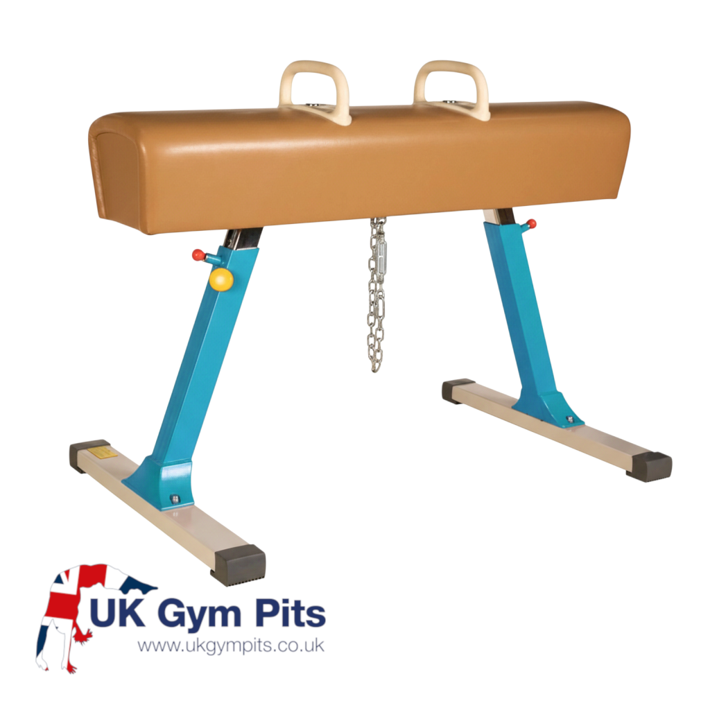 UK Gym Pits training pommel horse with tan leatherette body, blue steel legs, and adjustable wooden pommels.