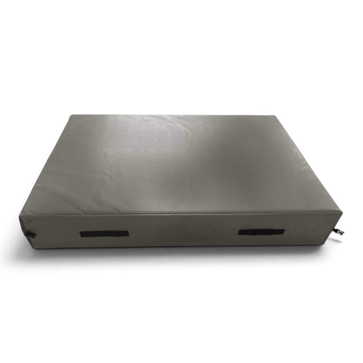 UK Gym Pits grey trampoline end safety mat with reinforced handles and quick release clips for gymnastics training