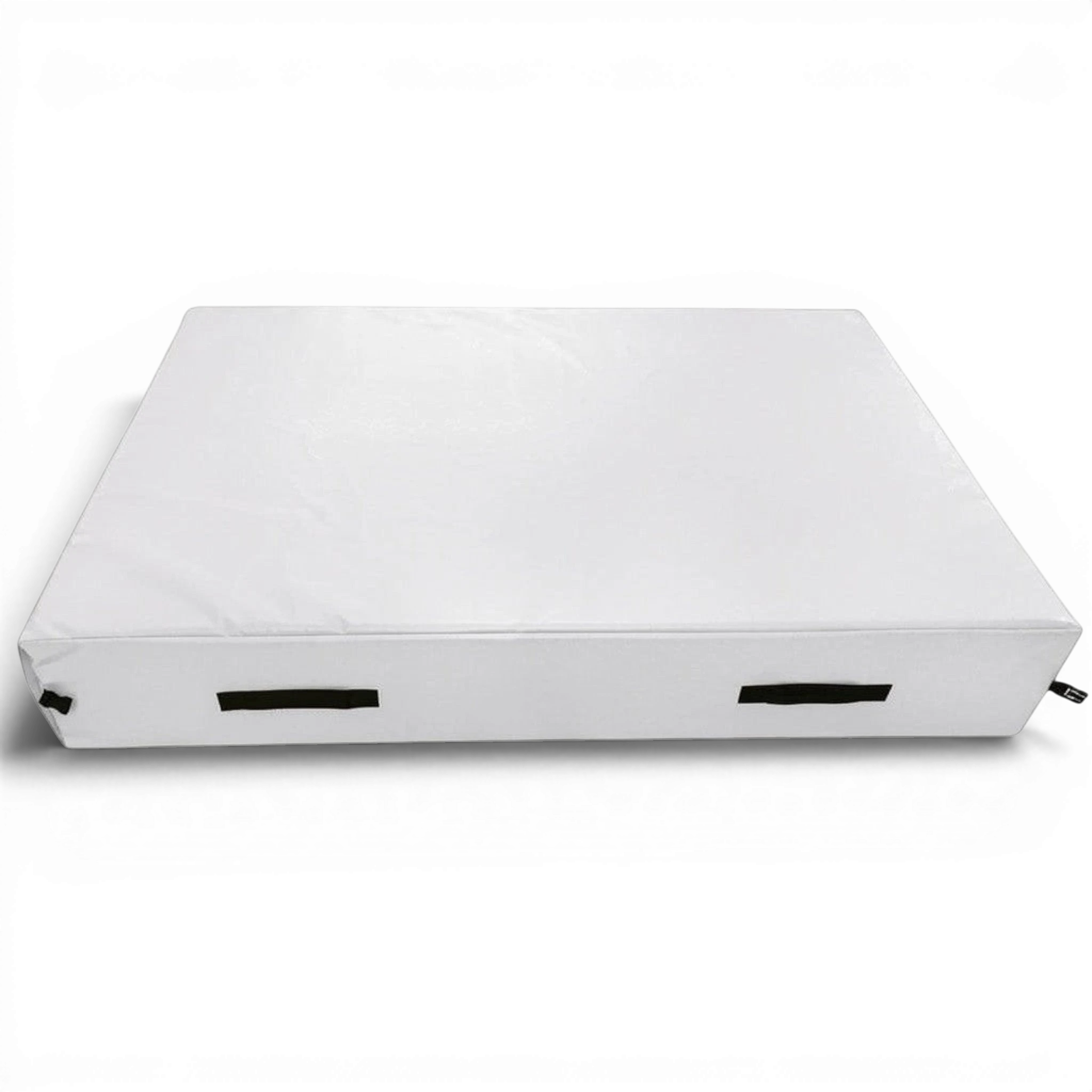 UK Gym Pits white trampoline end safety crash mat with reinforced handles and durable PVC cover for gymnastics.