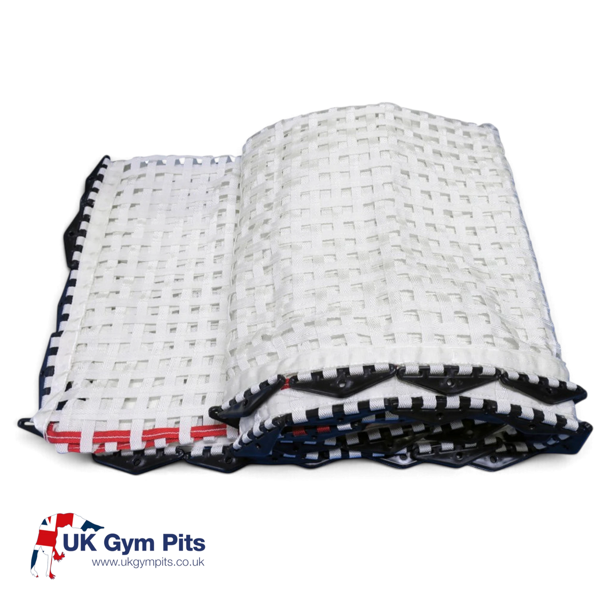 UK Gym Pits white webbed trampoline replacement bed with moulded anchor bars for GM and GMEX extreme trampolines