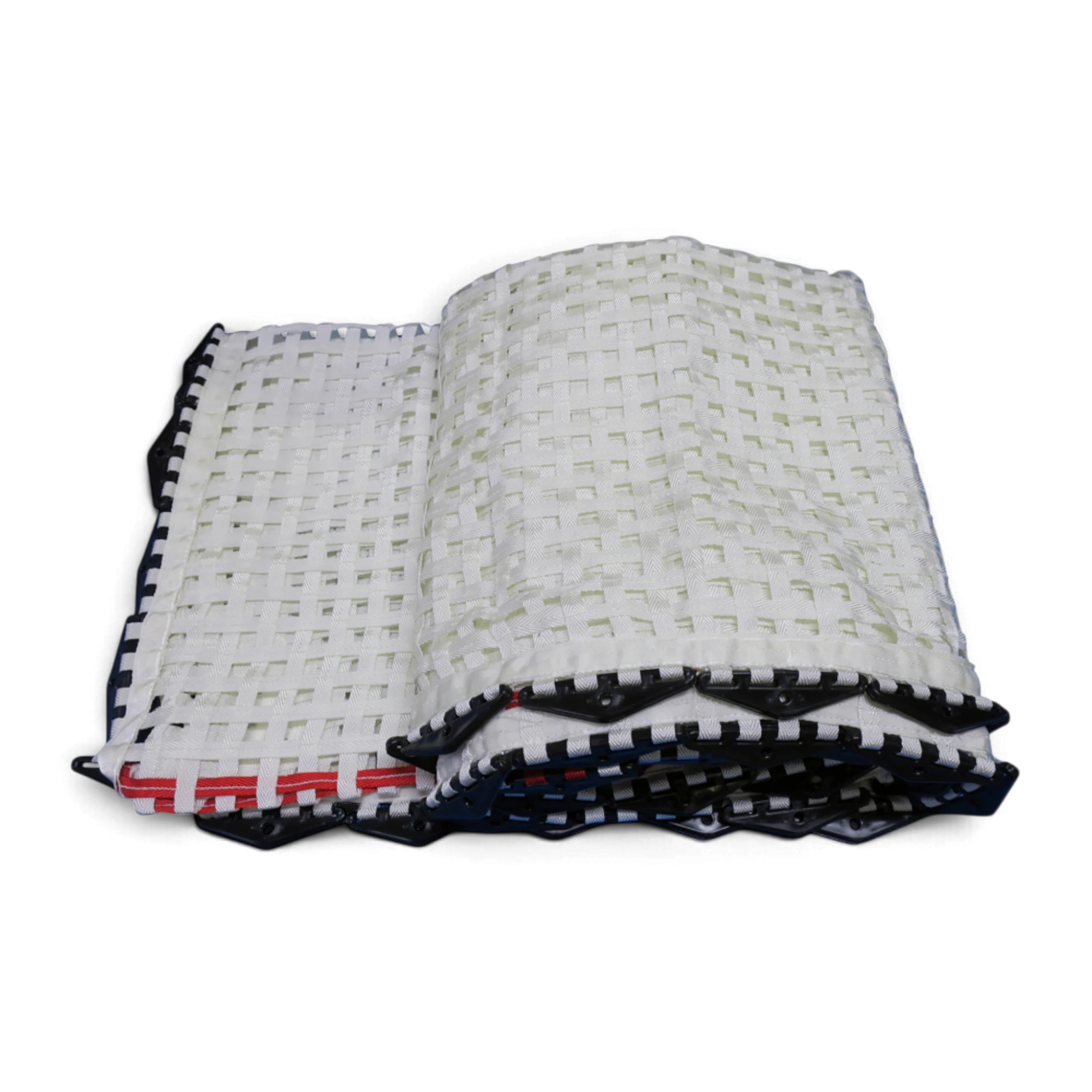 UK Gym Pits 77 and 77A trampoline replacement web bed with moulded anchor bars on a black background