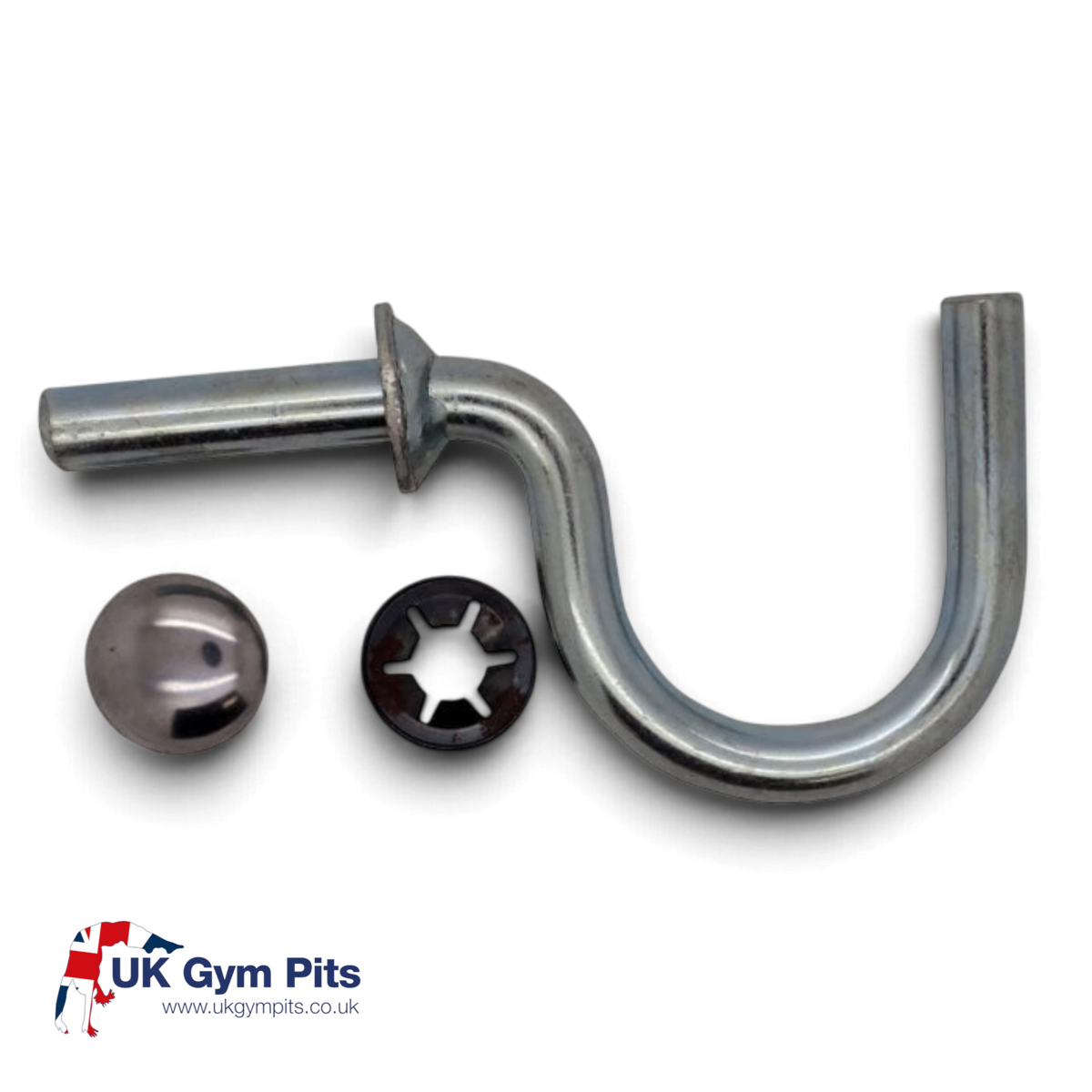 UK Gym Pits trampoline roller stand hook with push-on fittings, made of durable silver metal.