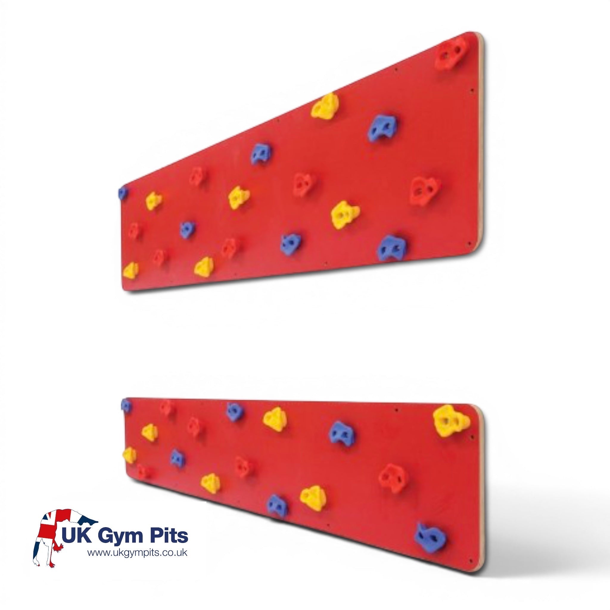 UK Gym Pits traverse climbing wall panels with red birch plywood boards and colorful handholds for indoor or outdoor use
