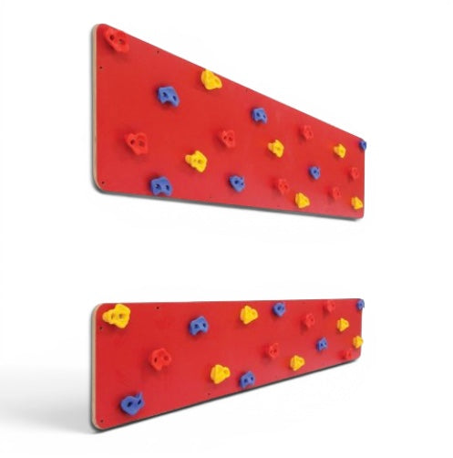 UK Gym Pits traverse climbing wall panels in red birch plywood with colourful yellow, blue, and red handholds.
