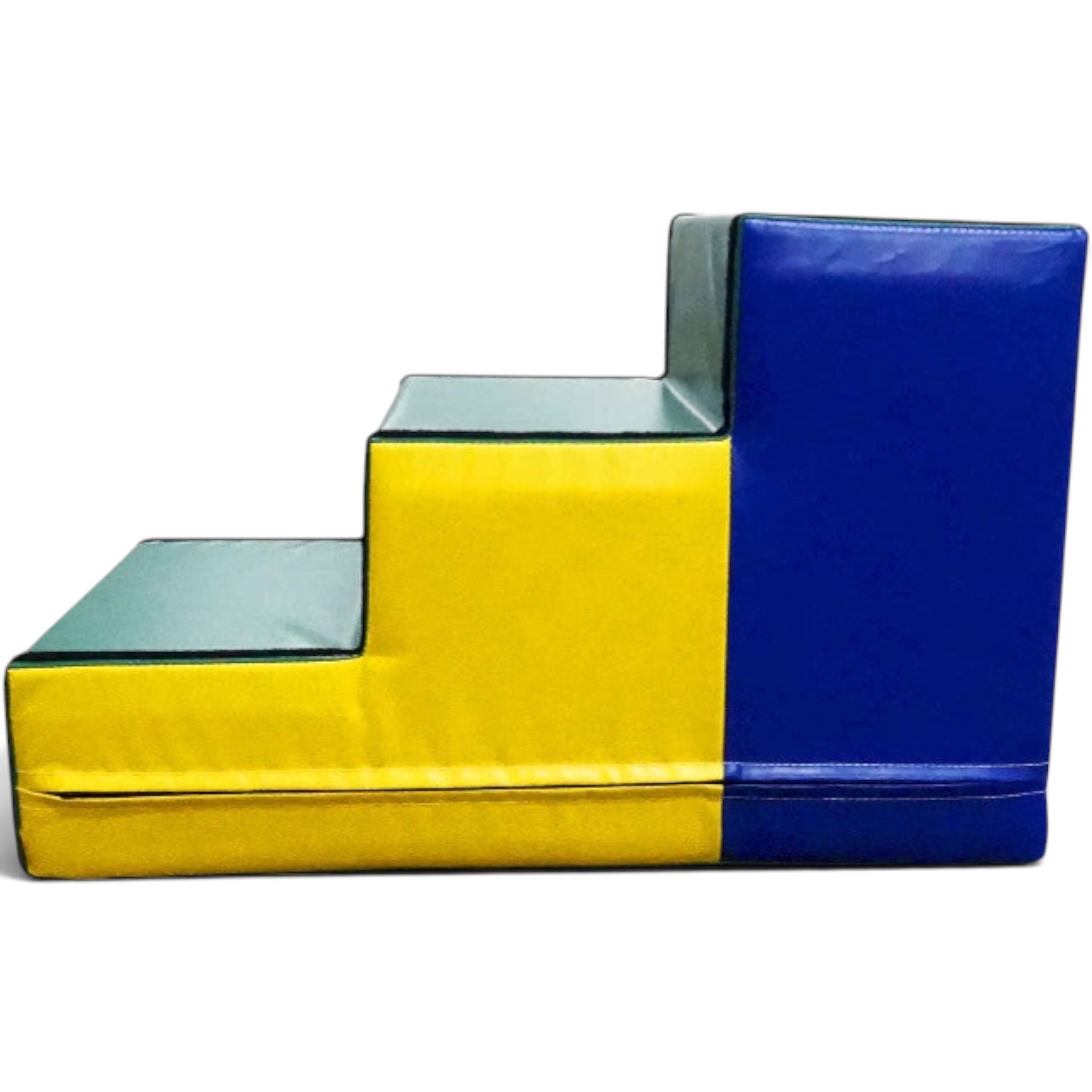 UK Gym Pits Tumbl Trak foam steps in blue, yellow, and green vinyl for gymnastics training and climbing