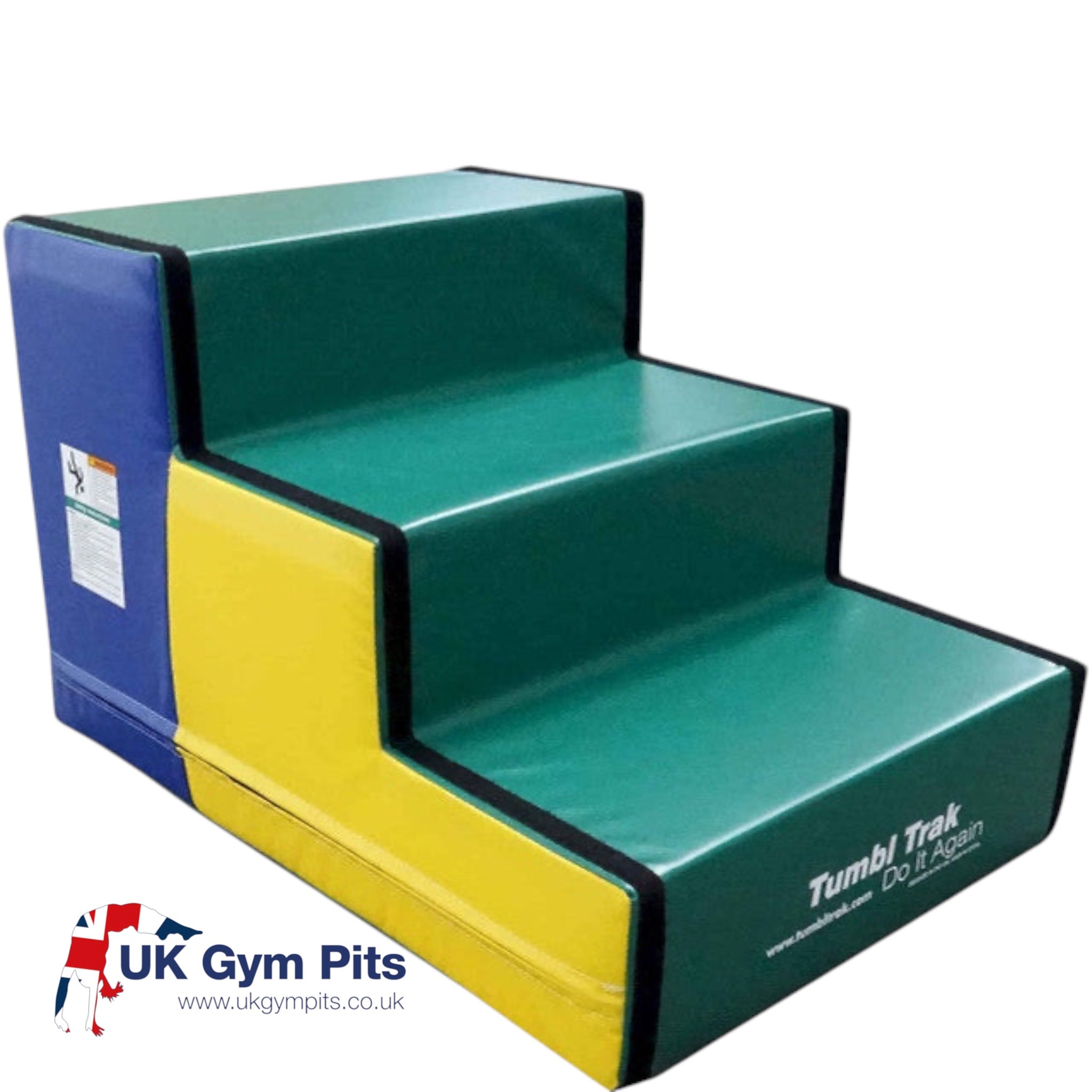 UK Gym Pits Tumbl Trak foam steps in green, yellow, and blue vinyl for gymnastics training and climbing