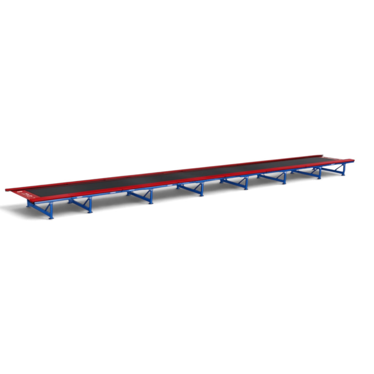 UK Gym Pits Tumbl Trak gymnastics training track with a royal blue steel frame, black polypropylene bed, and red pads.